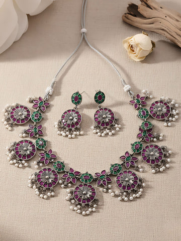 Karatcart Red and Green Stone Oxidised Silver Floral Jewellery Set for Women