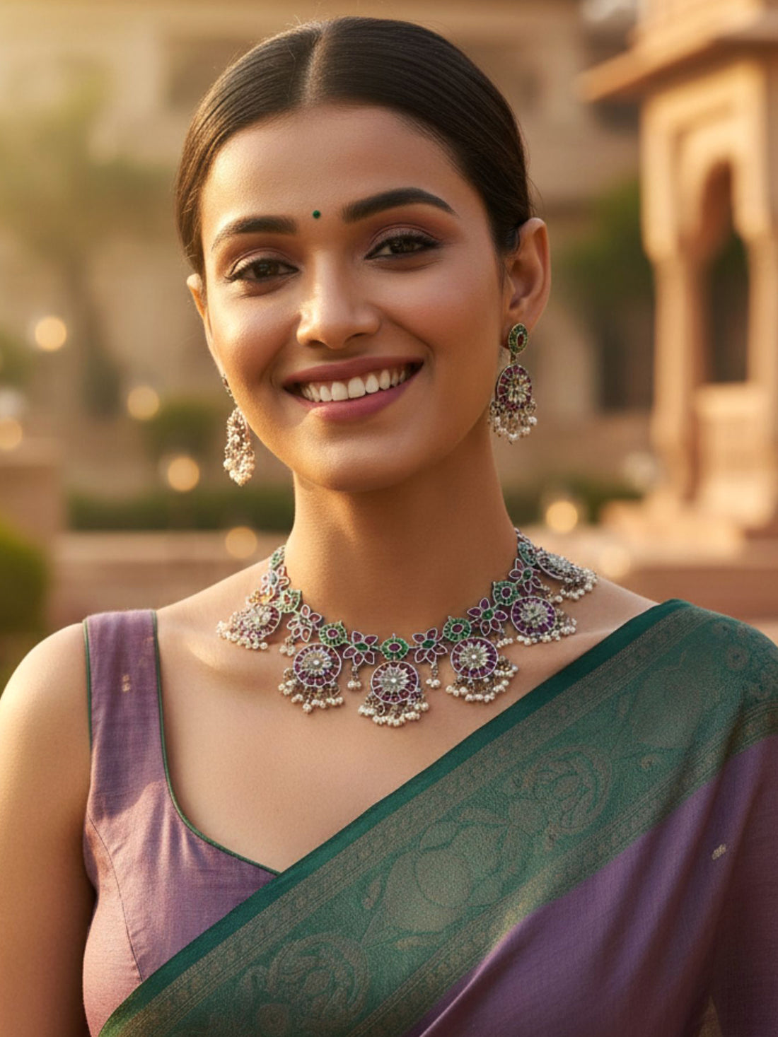 Karatcart Red and Green Stone Oxidised Silver Floral Jewellery Set for Women