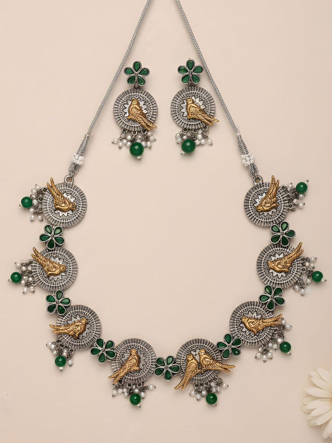 Karatcart Dual Tone Antique Silver and Gold Green Peacock Jewellery Set