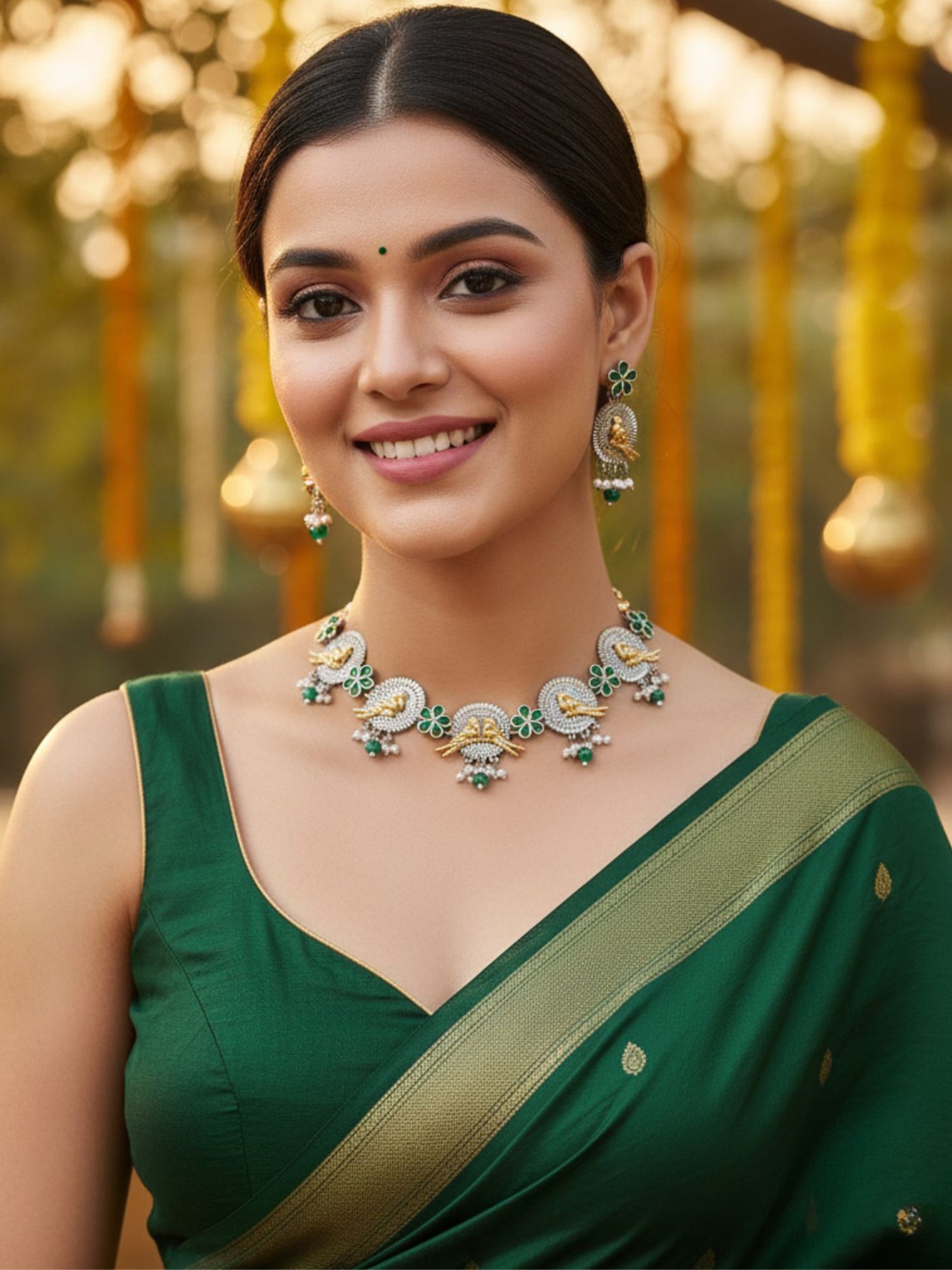 Karatcart Dual Tone Antique Silver and Gold Green Peacock Jewellery Set