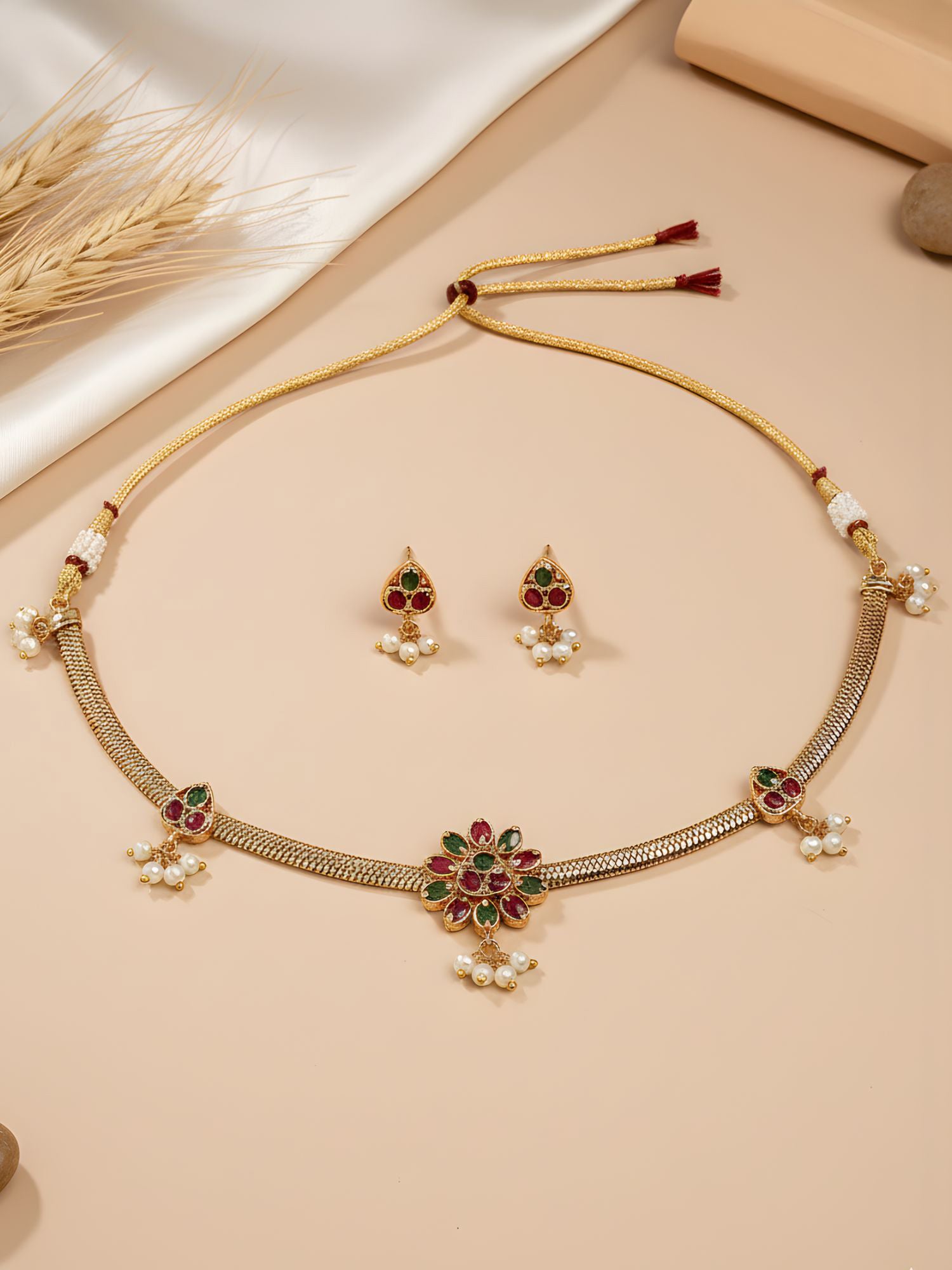 Karatcart Floral Design Gold Plated Red and Green Stone Necklace Set for Women