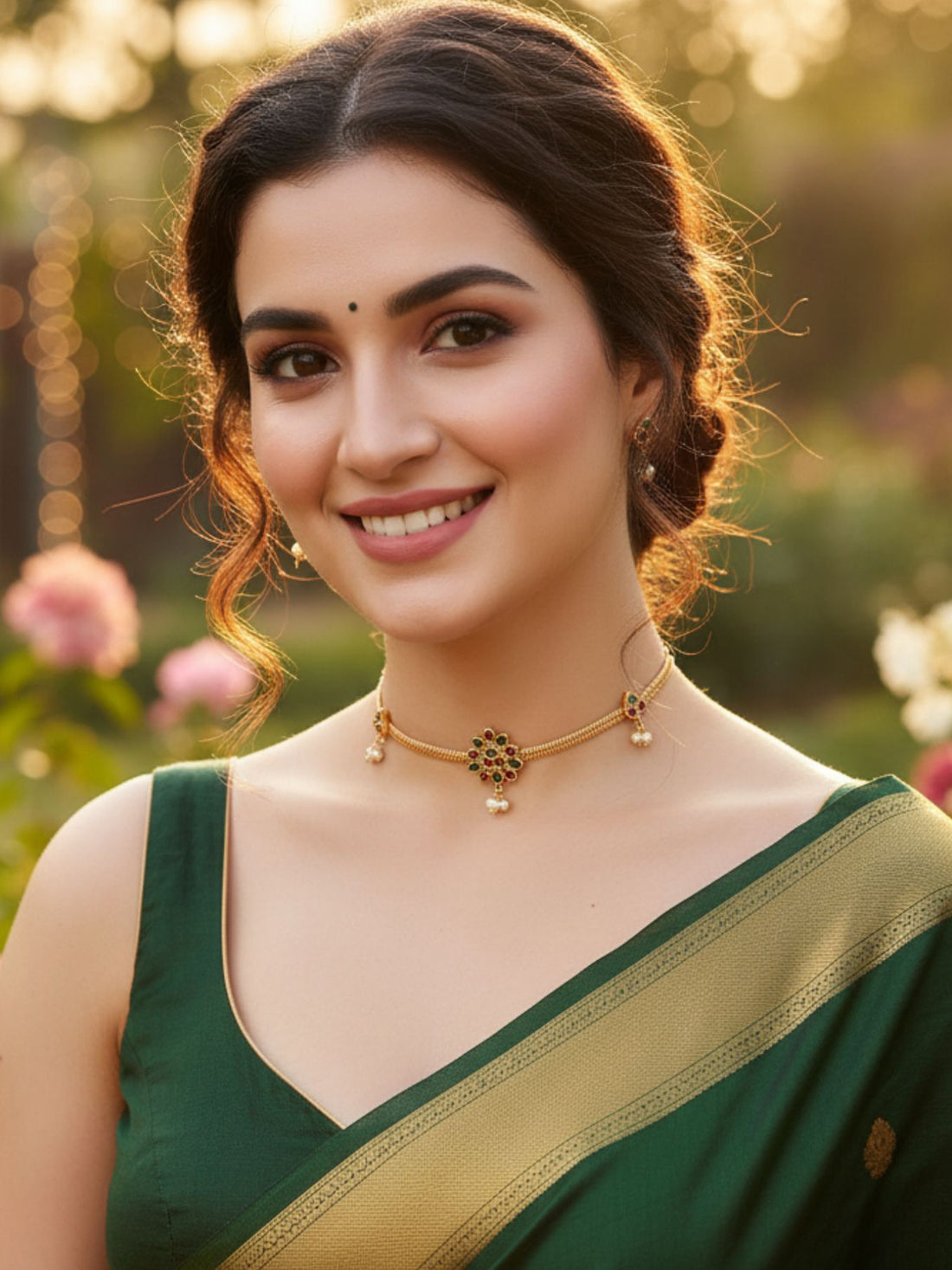 Karatcart Floral Design Gold Plated Red and Green Stone Necklace Set for Women