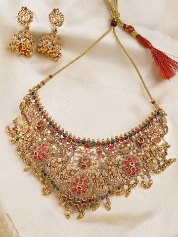 Karatcart Gold Plated Red Beads Floral Laxmi Mata Temple Jewellery Set for Women