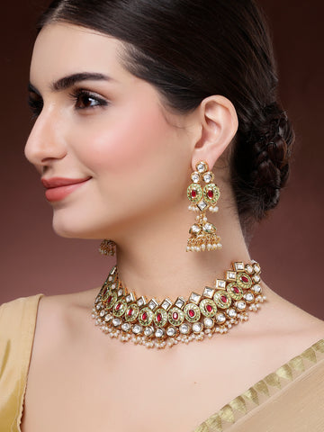 Karatcart Gold Plated Polki Kundan Choker Necklace Set with Red and Green Enamel for Women