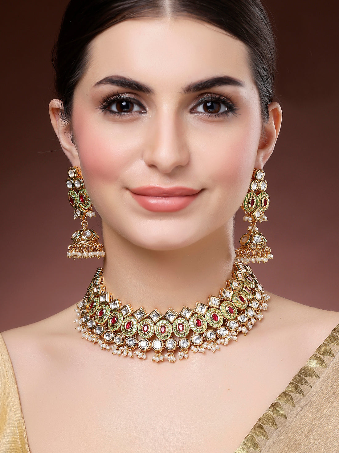 Karatcart Gold Plated Polki Kundan Choker Necklace Set with Red and Green Enamel for Women