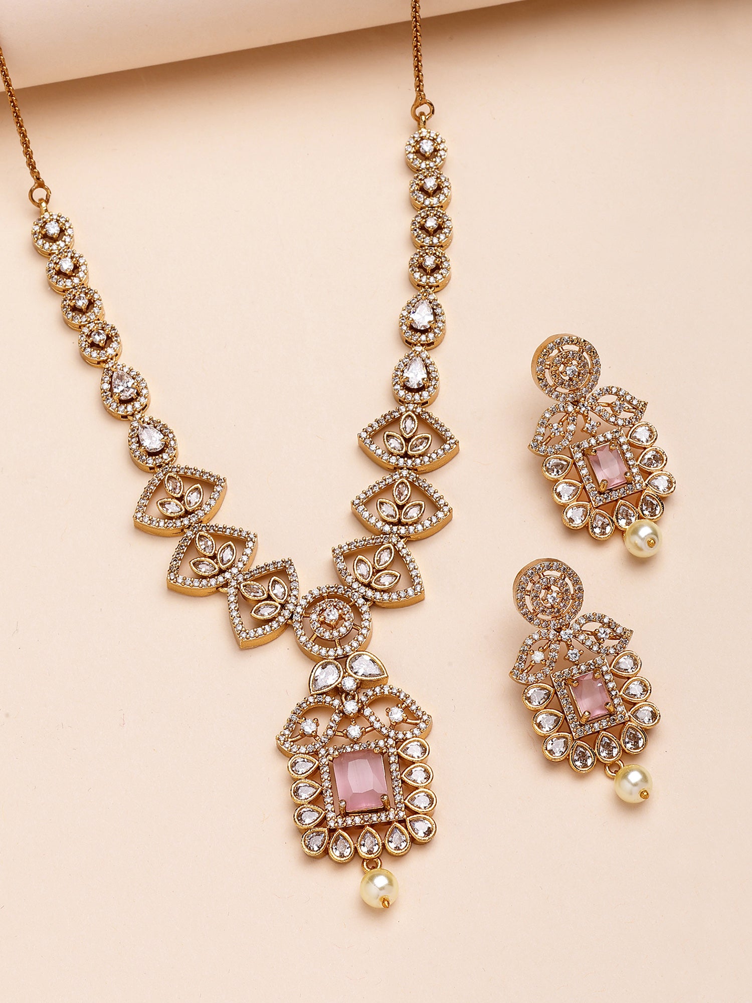 KARATCART Designer Gold Plated Pink American Diamond Necklace Set for Women - Image 1