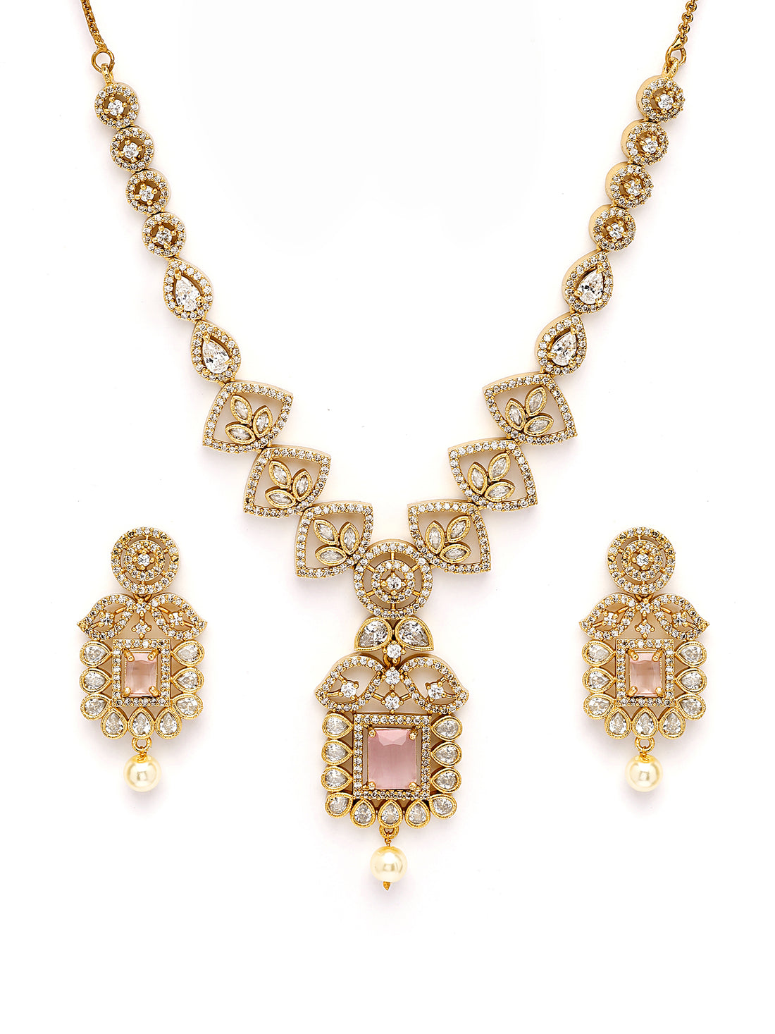 KARATCART Designer Gold Plated Pink American Diamond Necklace Set for Women