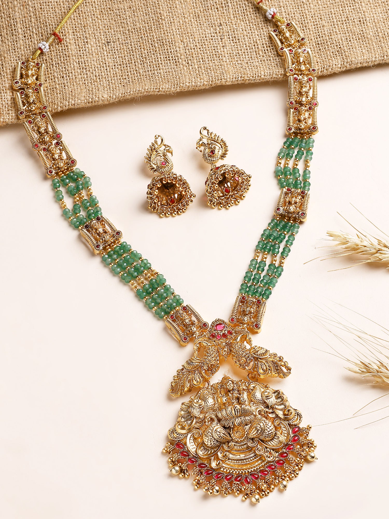 KARATCART Traditional Gold Plated Green Crystal Laxmi Mata Rani Haar Temple Jewellery Set