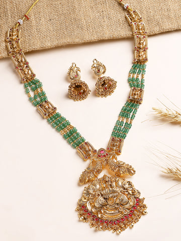 KARATCART Traditional Gold Plated Green Crystal Laxmi Mata Rani Haar Temple Jewellery Set