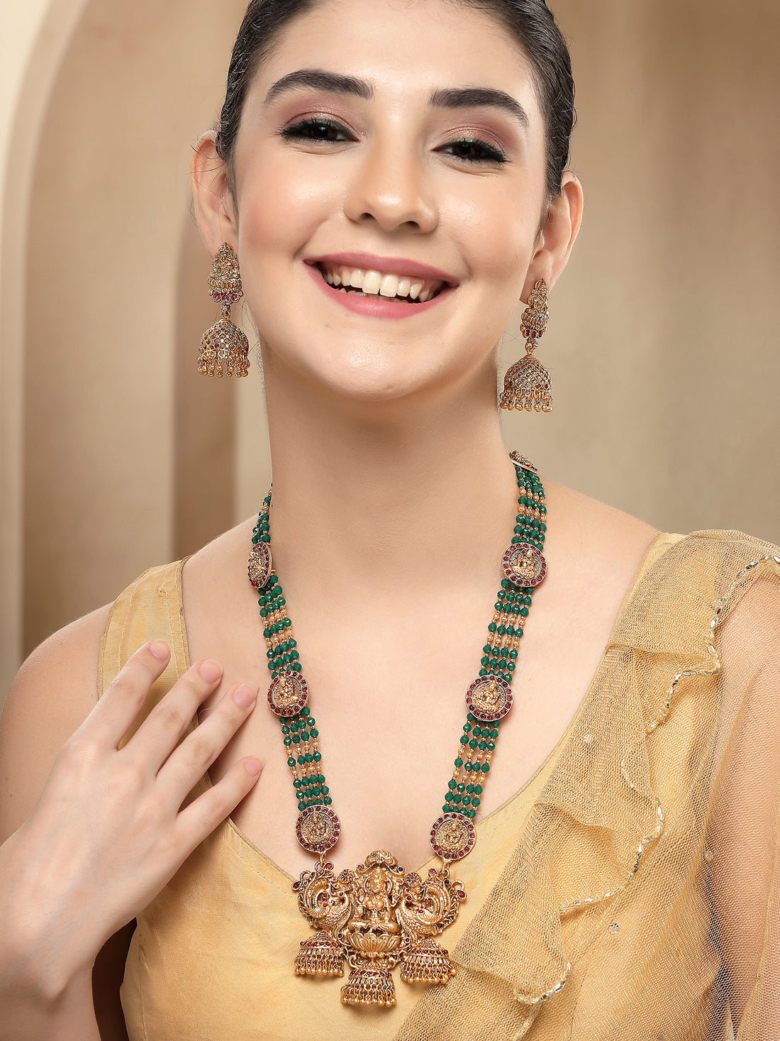 KARATCART Traditional Gold Plated Green Crystal Beaded Lakshmi Mata Rani Haar Necklace Set