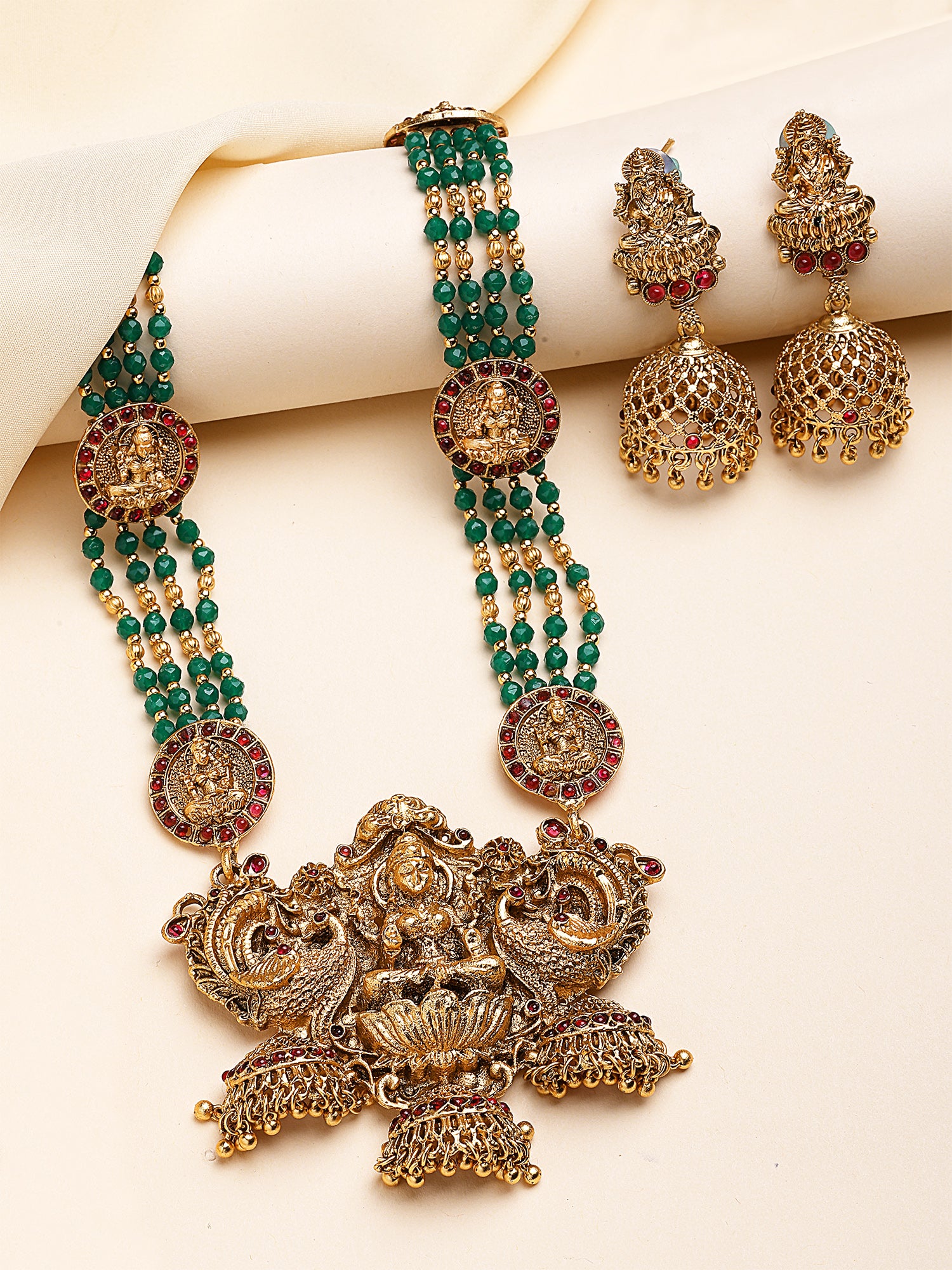 KARATCART Traditional Gold Plated Green Crystal Beaded Lakshmi Mata Rani Haar Necklace Set