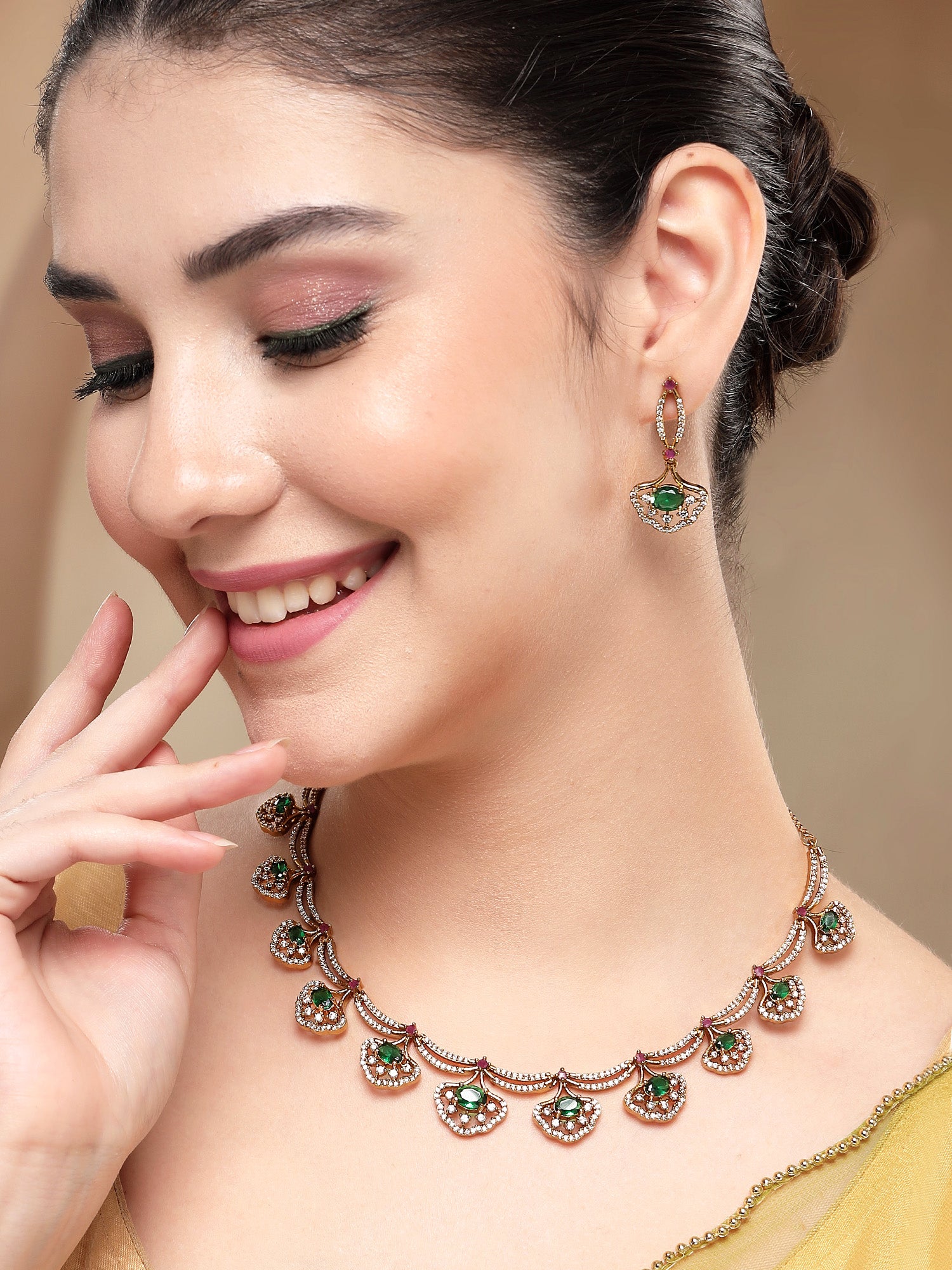 KARATCART Gold-Plated American Diamond Classic Green Jewellery Set for Women - view 3