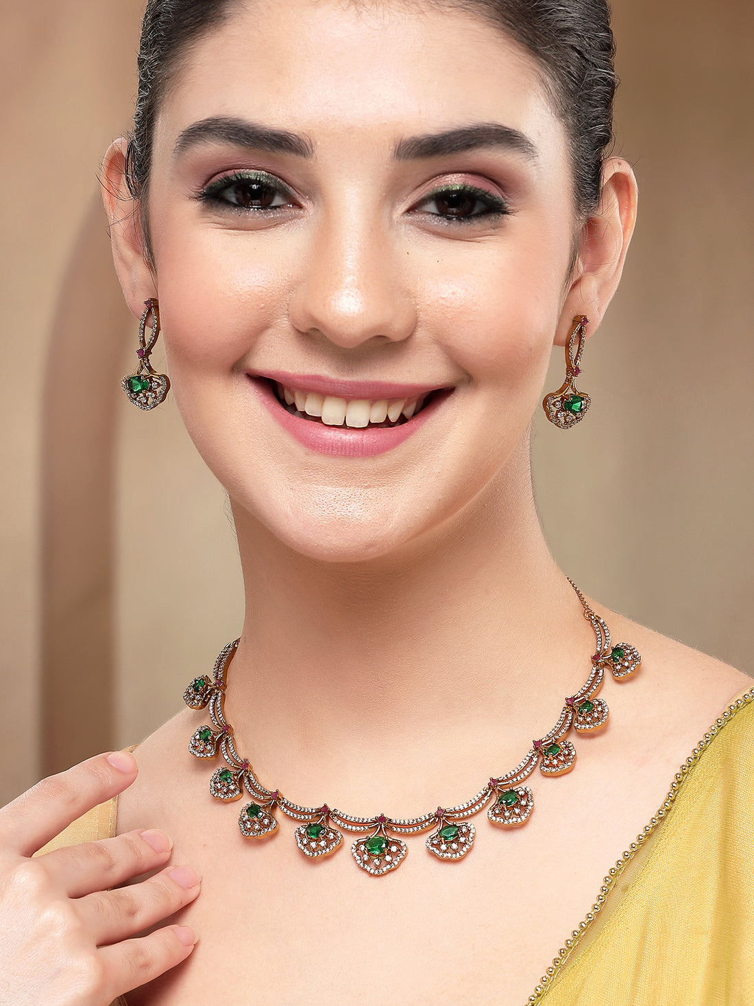 KARATCART Gold-Plated American Diamond Classic Green Jewellery Set for Women