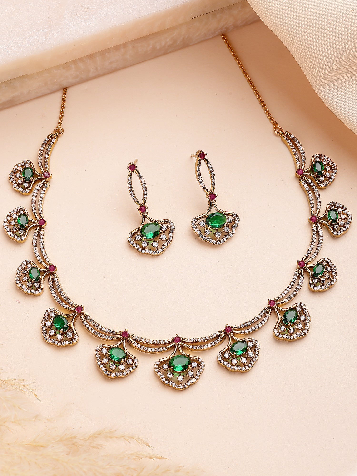 KARATCART Gold-Plated American Diamond Classic Green Jewellery Set for Women