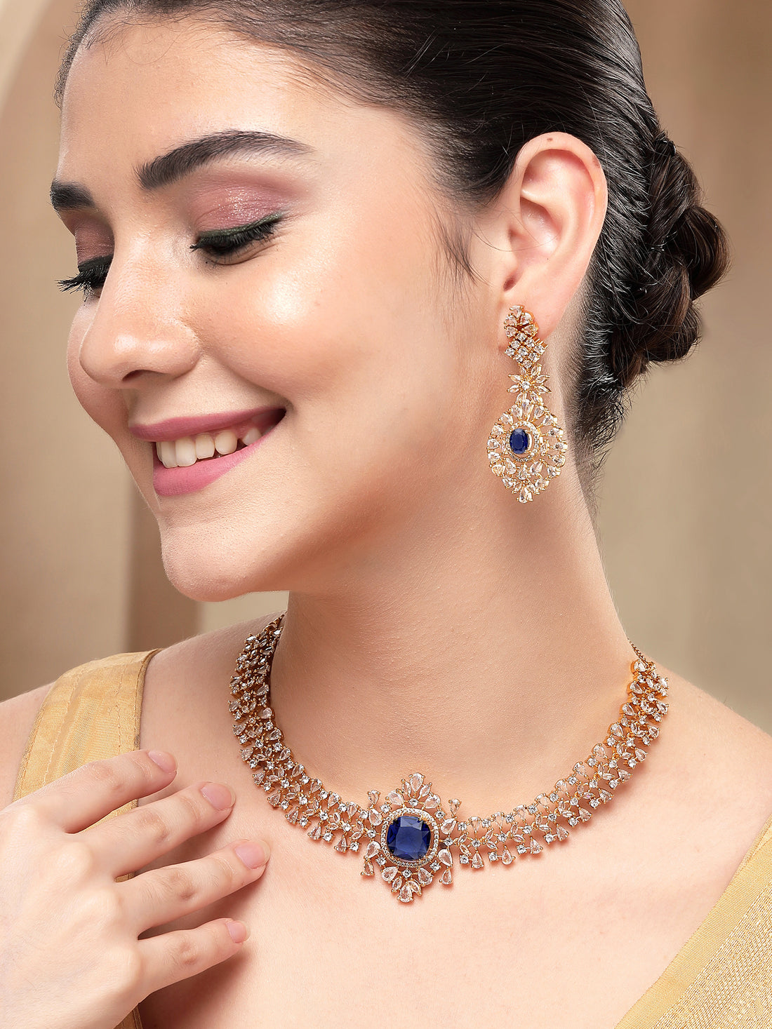 KARATCART Elegant Gold-Plated Blue American Diamond Necklace Set for Women