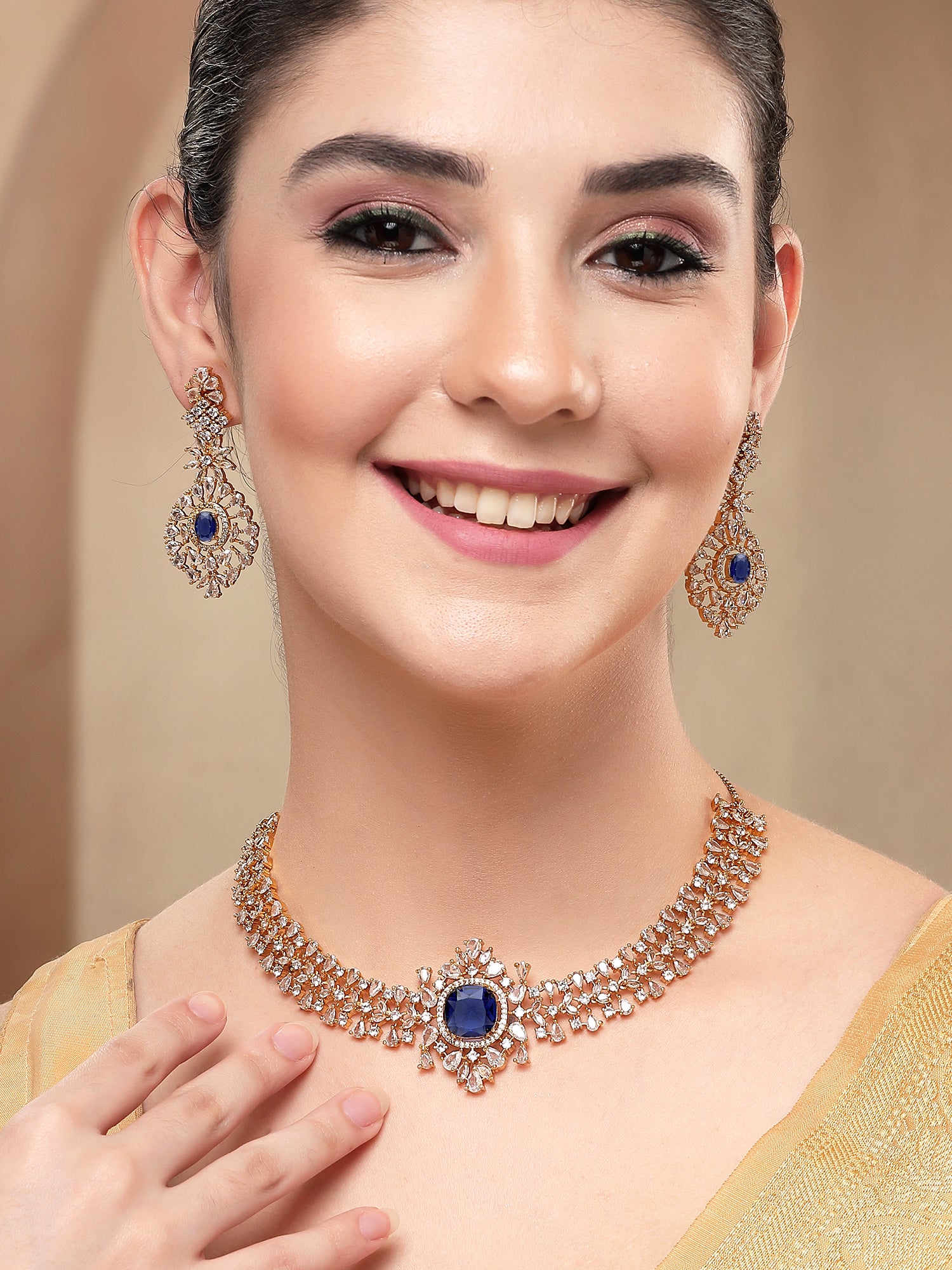 KARATCART Elegant Gold-Plated Blue American Diamond Necklace Set for Women - view 3