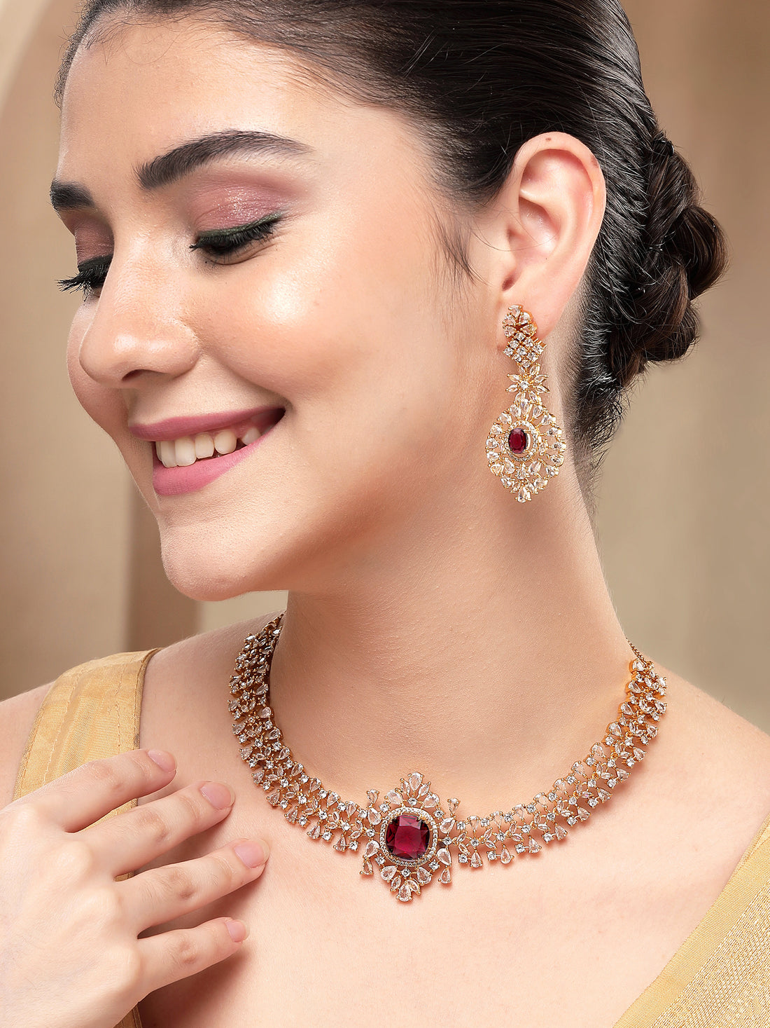 KARATCART Elegant Gold-Plated Red American Diamond Necklace Set for Women