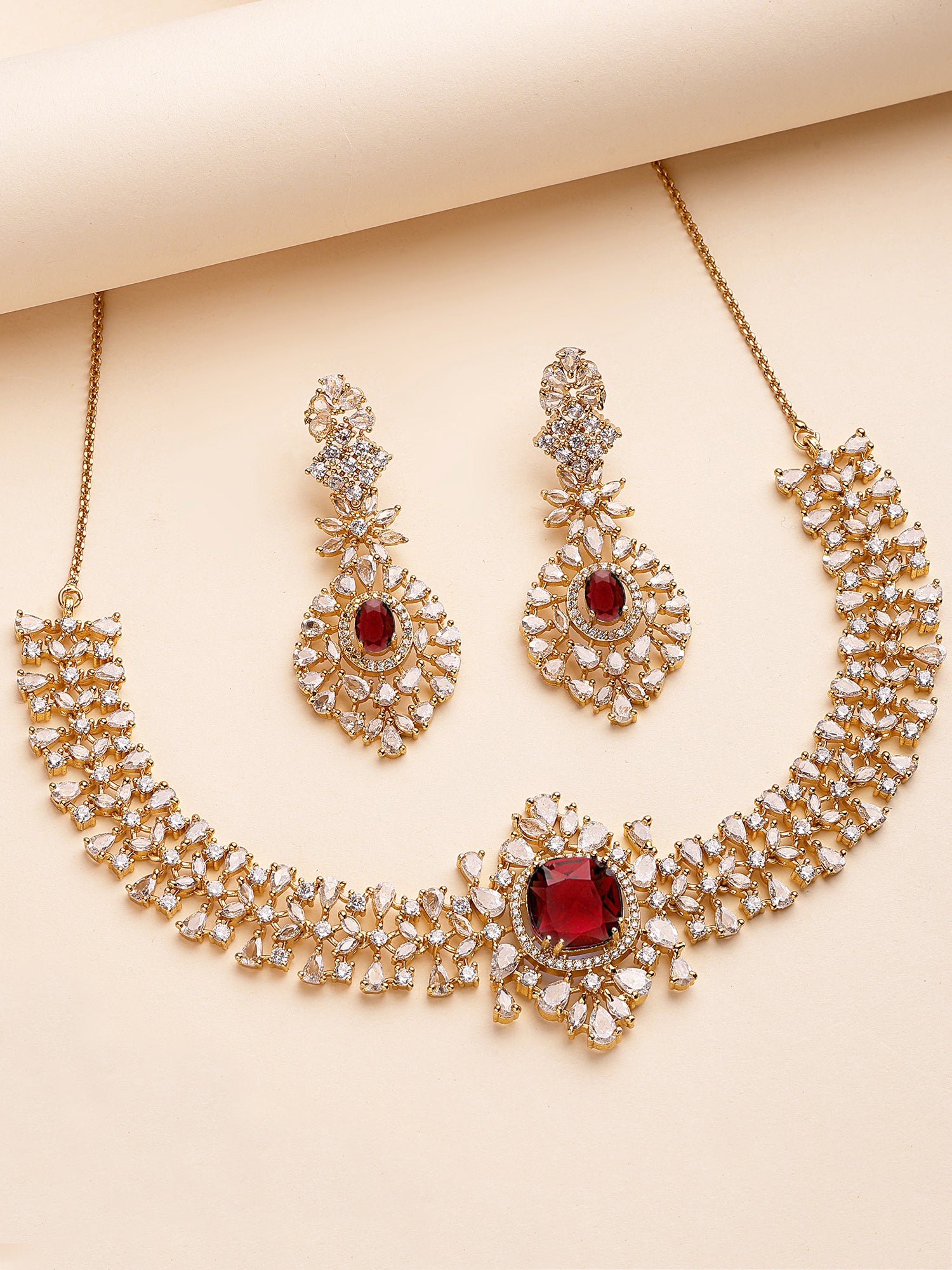 KARATCART Elegant Gold-Plated Red American Diamond Necklace Set for Women
