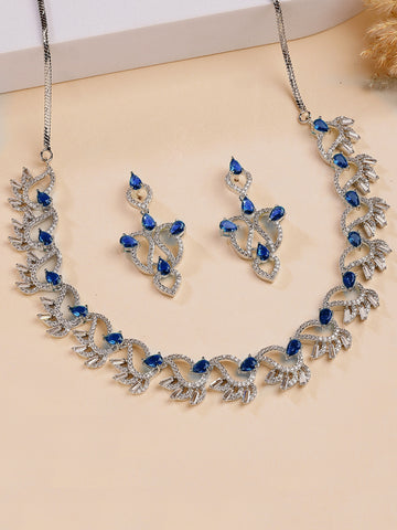 KARATCART Designer Silver-Plated Leaf Motif Blue American Diamond Jewellery Set for Women