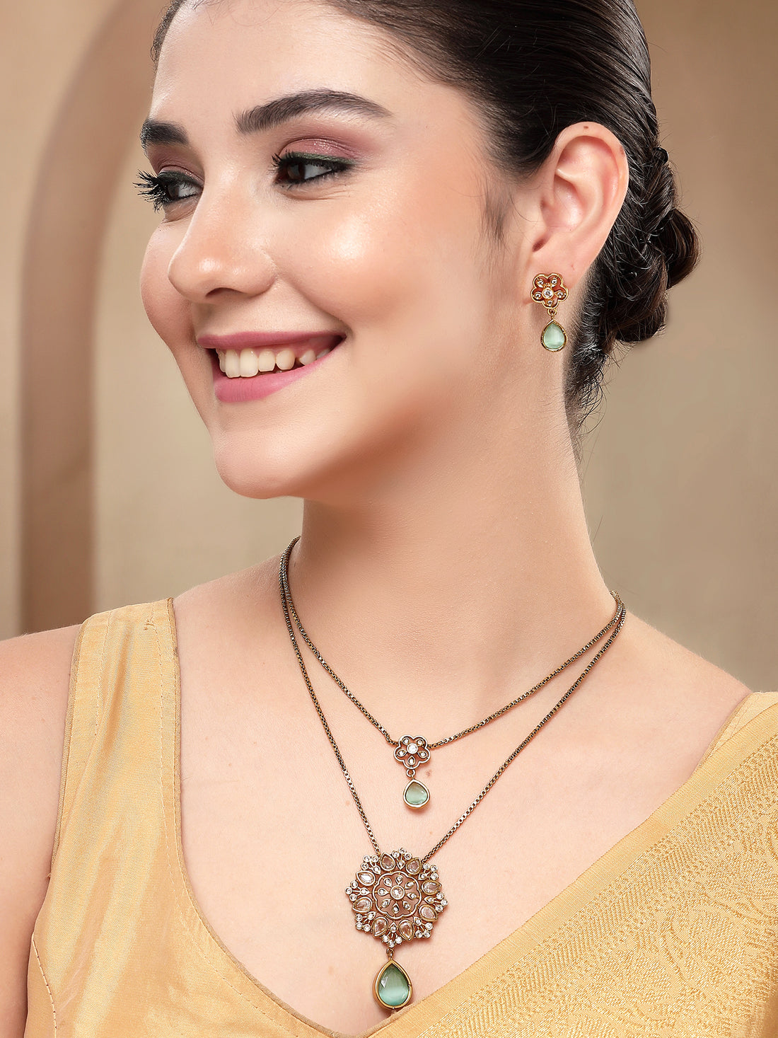 KARATCART Traditional Dual-Layered Lime Green American Diamond Pendant Jewellery Set for Women