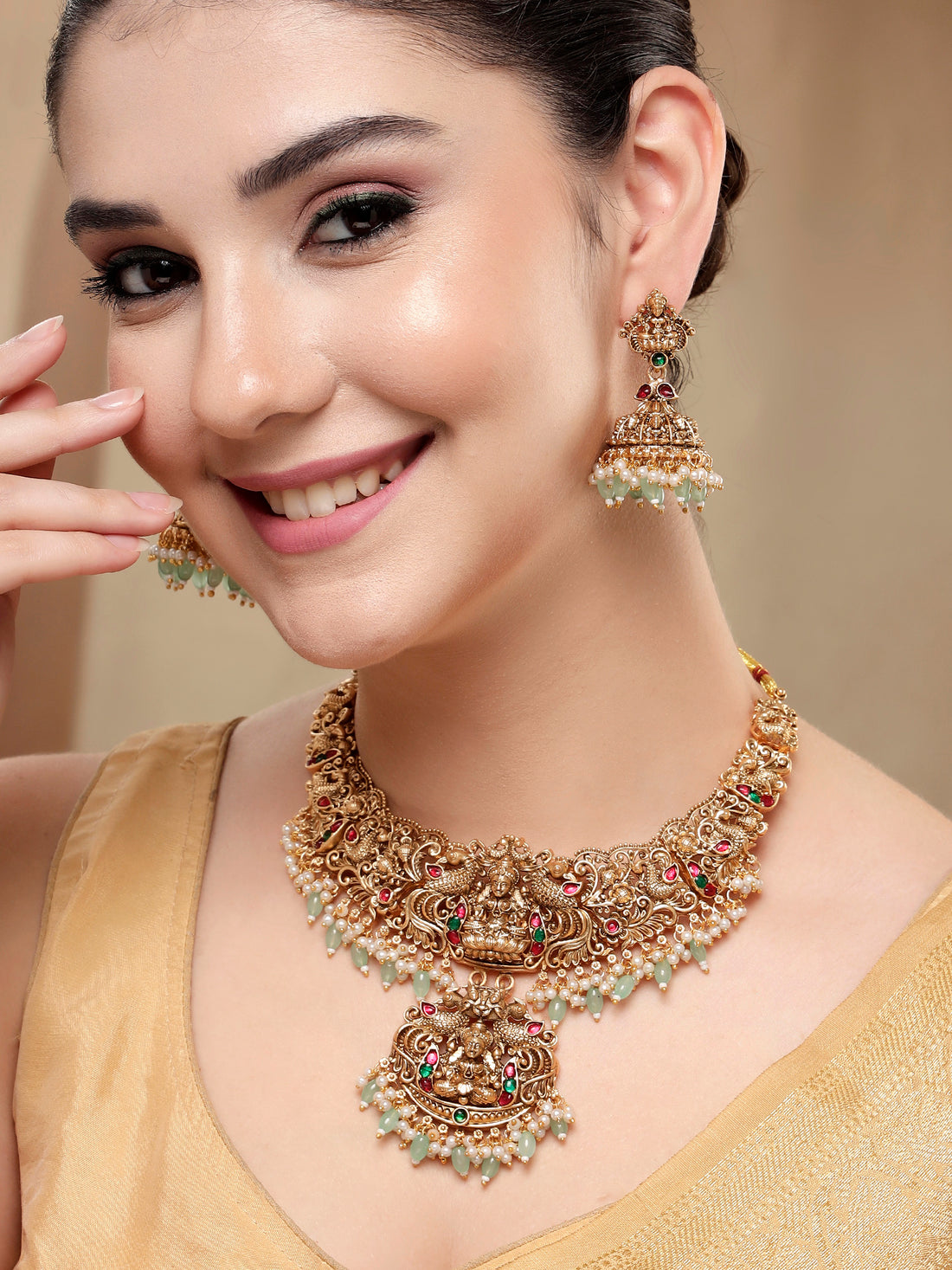 KARATCART Gold-Plated Traditional Lime Green Beads Lakshmi Mata Temple Jewellery Set for Women