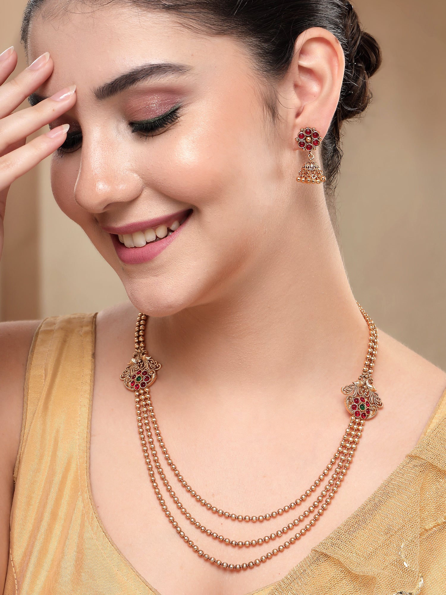 KARATCART Gold-Plated Traditional Triple-Layer Beaded Temple Jewellery Set for Women