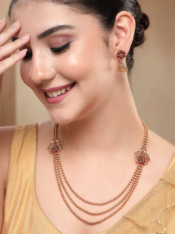 KARATCART Gold-Plated Traditional Triple-Layer Beaded Temple Jewellery Set for Women