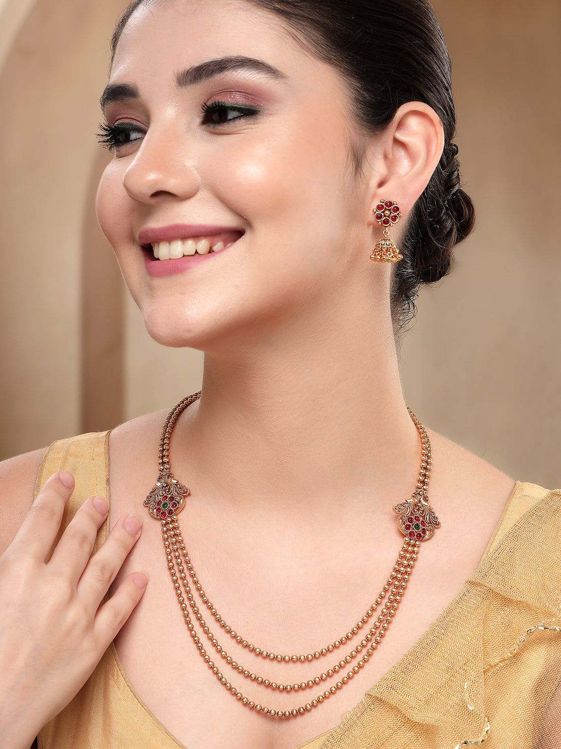 KARATCART Gold-Plated Traditional Triple-Layer Beaded Temple Jewellery Set for Women