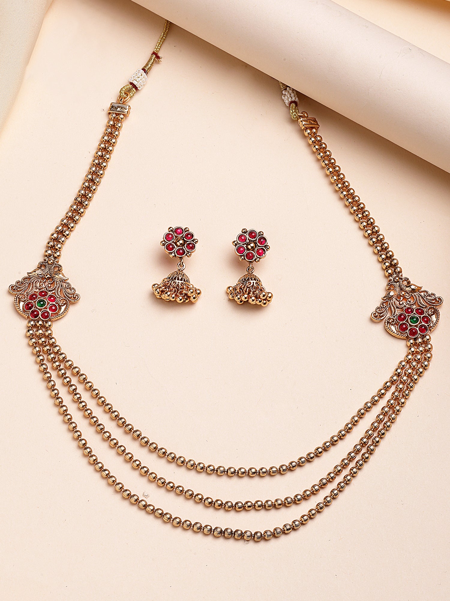 KARATCART Gold-Plated Traditional Triple-Layer Beaded Temple Jewellery Set for Women