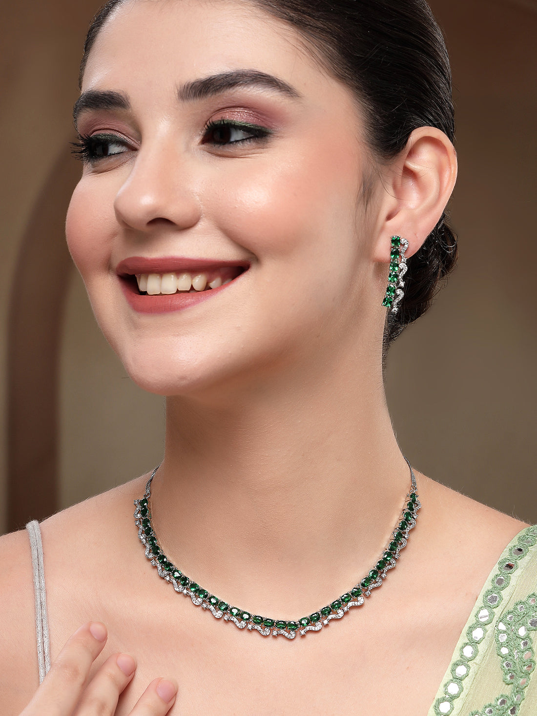 KARATCART Elegant Green American Diamond Silver-Plated Premium Jewellery Set for Women