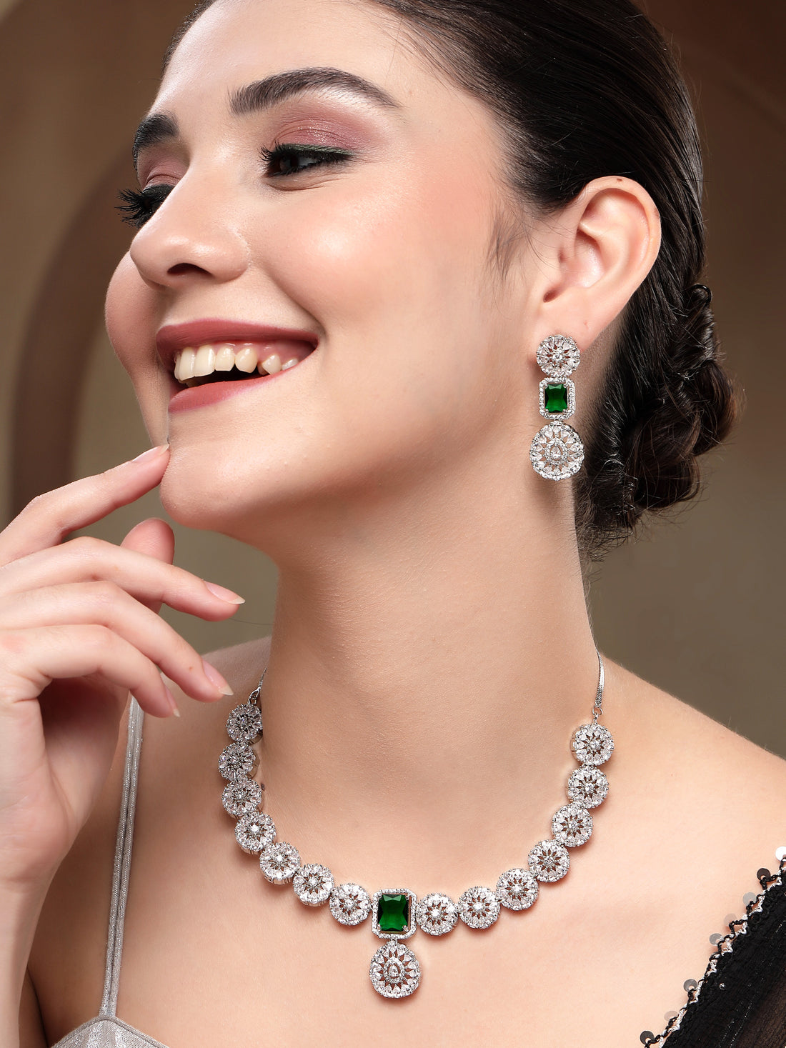 KARATCART Sparkling Green American Diamond Silver-Tone Jewellery Set for Women