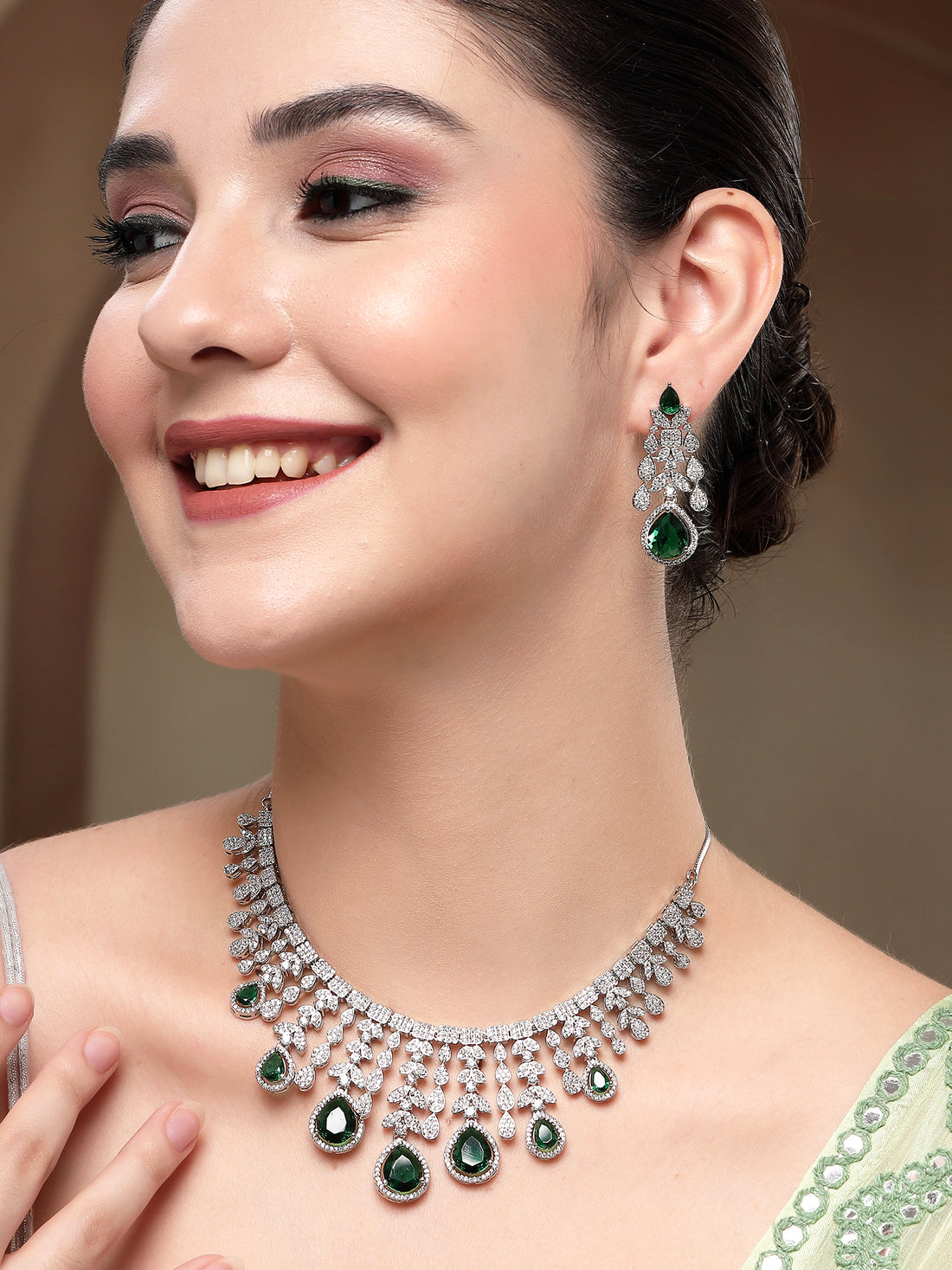KARATCART Luxurious Teardrop Green American Diamond Silver-Plated Jewellery Set for Women