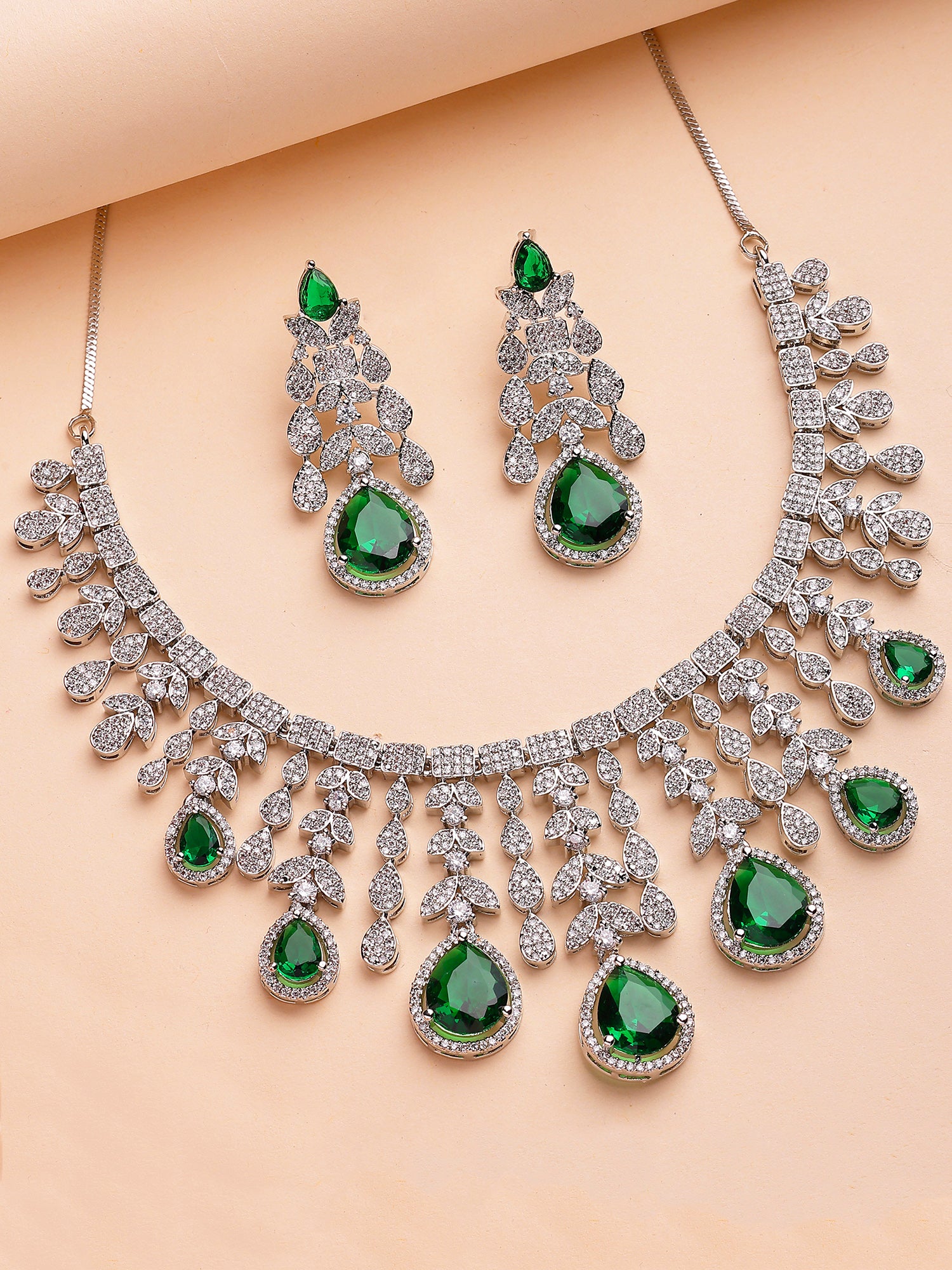 KARATCART Luxurious Teardrop Green American Diamond Silver-Plated Jewellery Set for Women