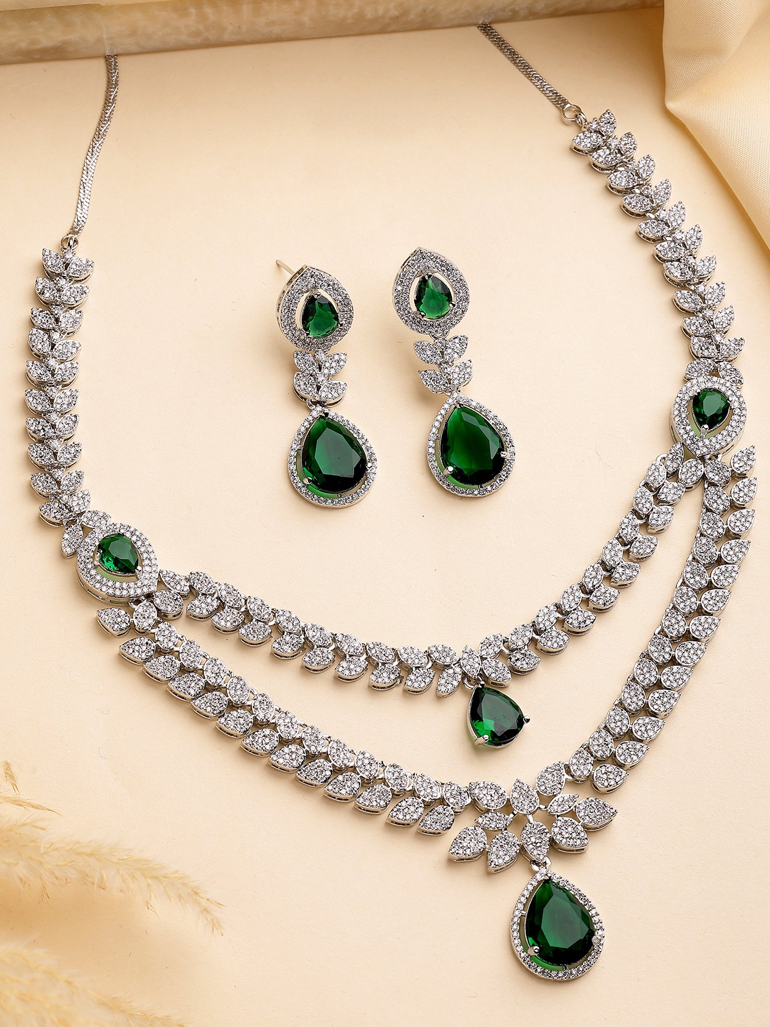 KARATCART Designer Silver-Plated Green American Diamond Jewellery Set for Women - Image 1