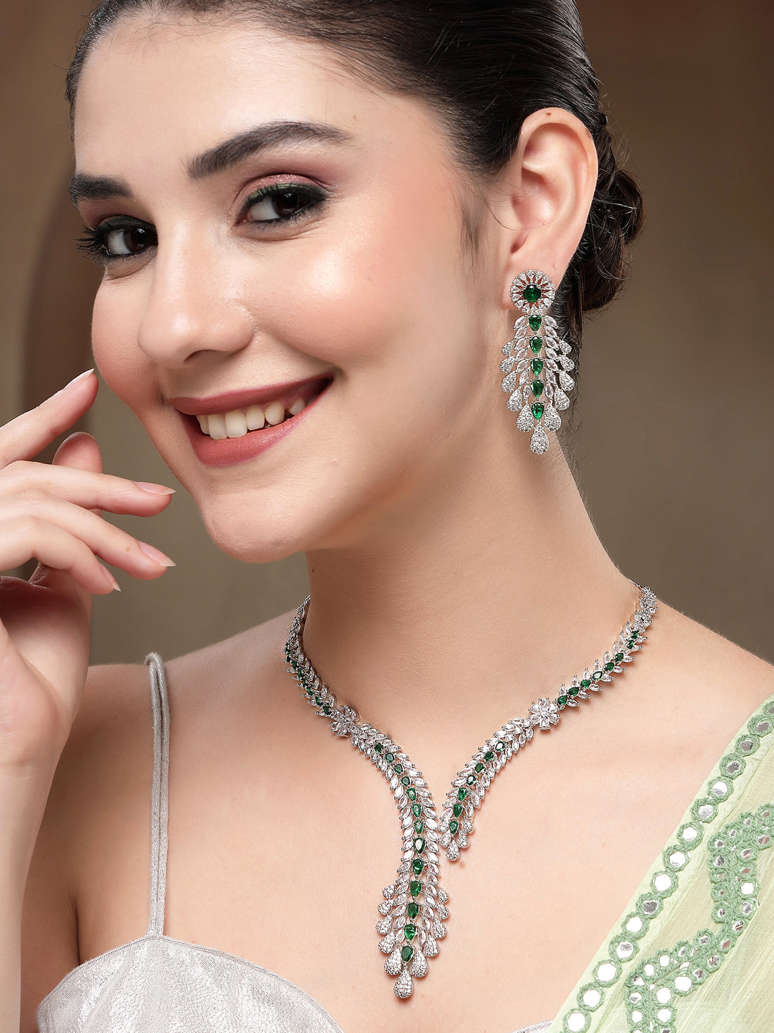 KARATCART Designer Green Leaf Design American Diamond Silver-Plated Jewellery Set for Women