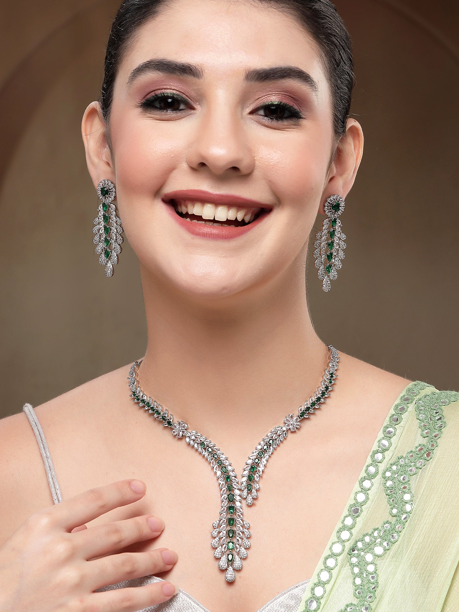 KARATCART Designer Green Leaf Design American Diamond Silver-Plated Jewellery Set for Women - view 3