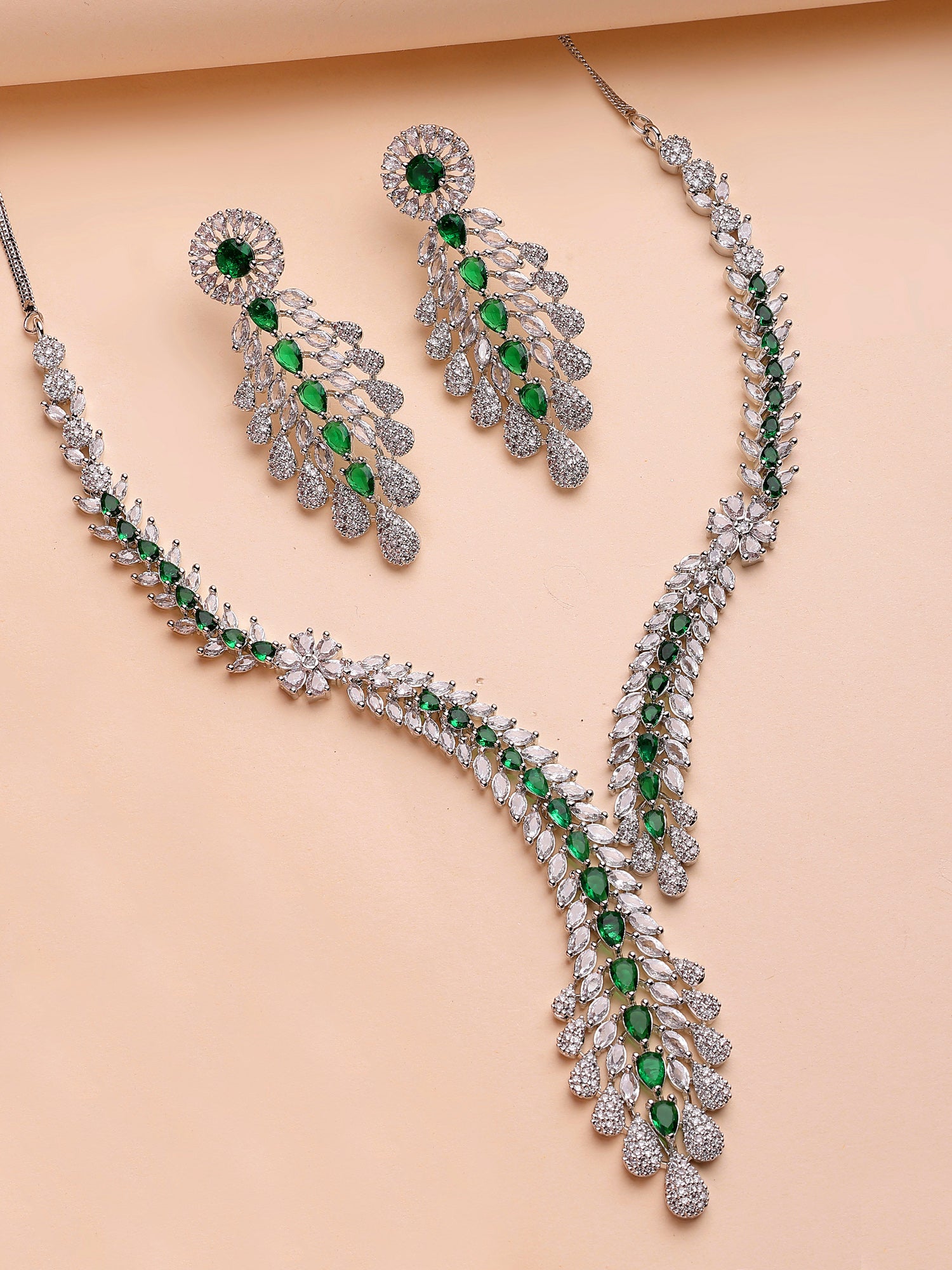 KARATCART Designer Green Leaf Design American Diamond Silver-Plated Jewellery Set for Women