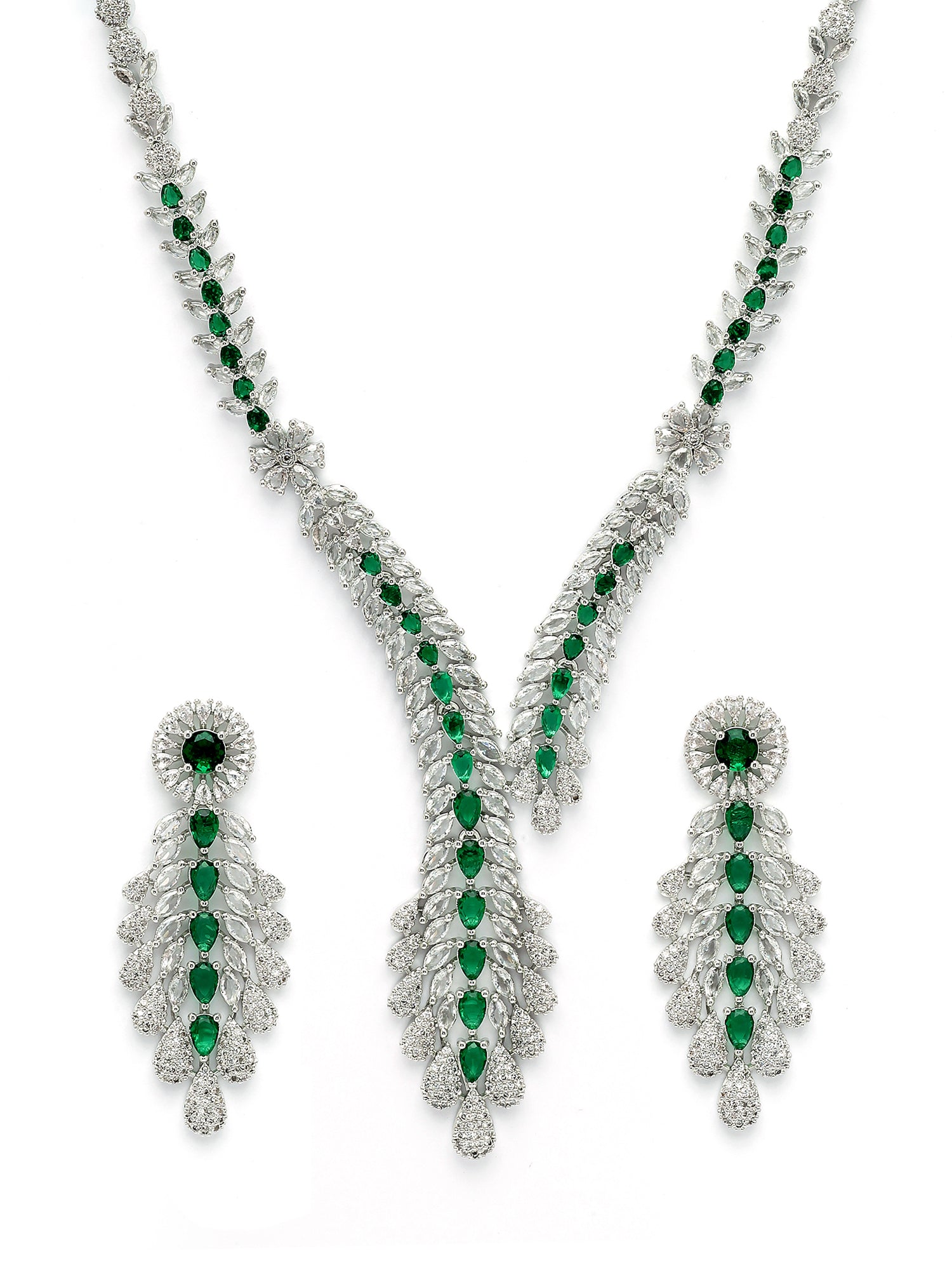 KARATCART Designer Green Leaf Design American Diamond Silver-Plated Jewellery Set for Women - view 4