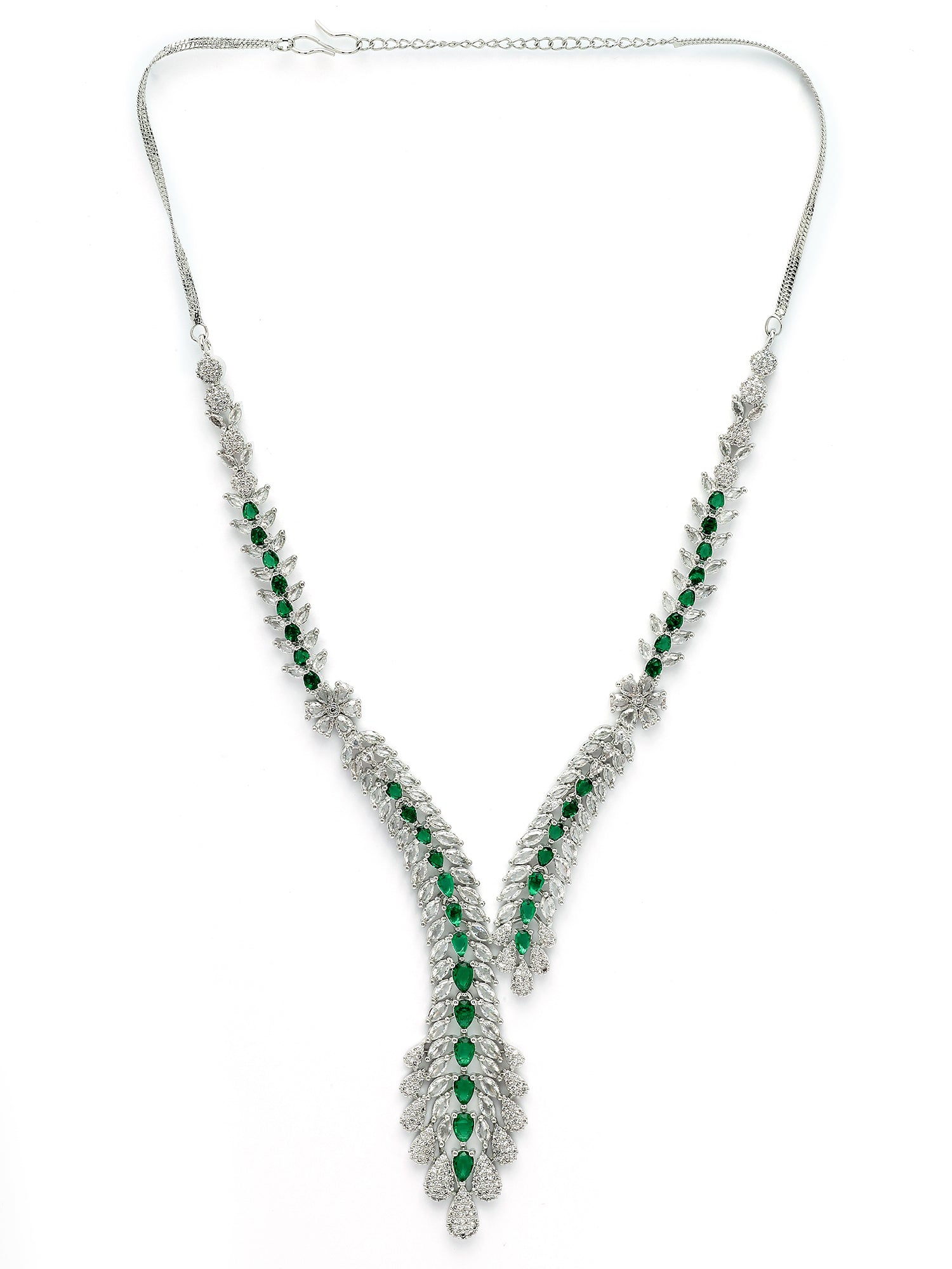 KARATCART Designer Green Leaf Design American Diamond Silver-Plated Jewellery Set for Women - view 5