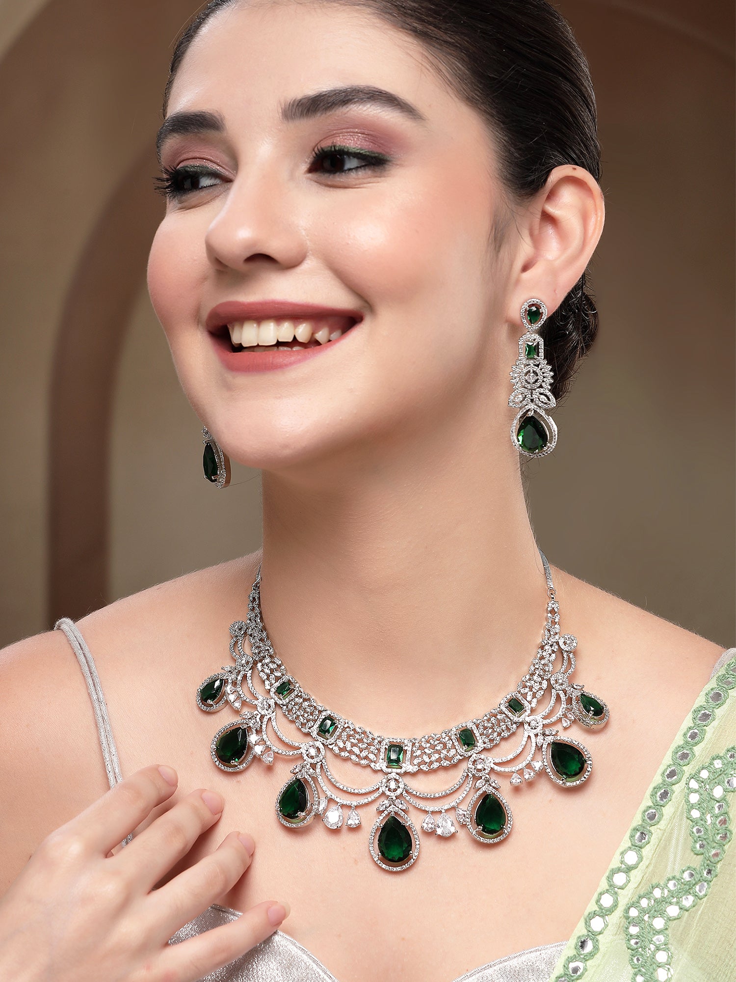 KARATCART Traditional Silver-Plated Green American Diamond Bridal Jewellery Set for Women - view 3
