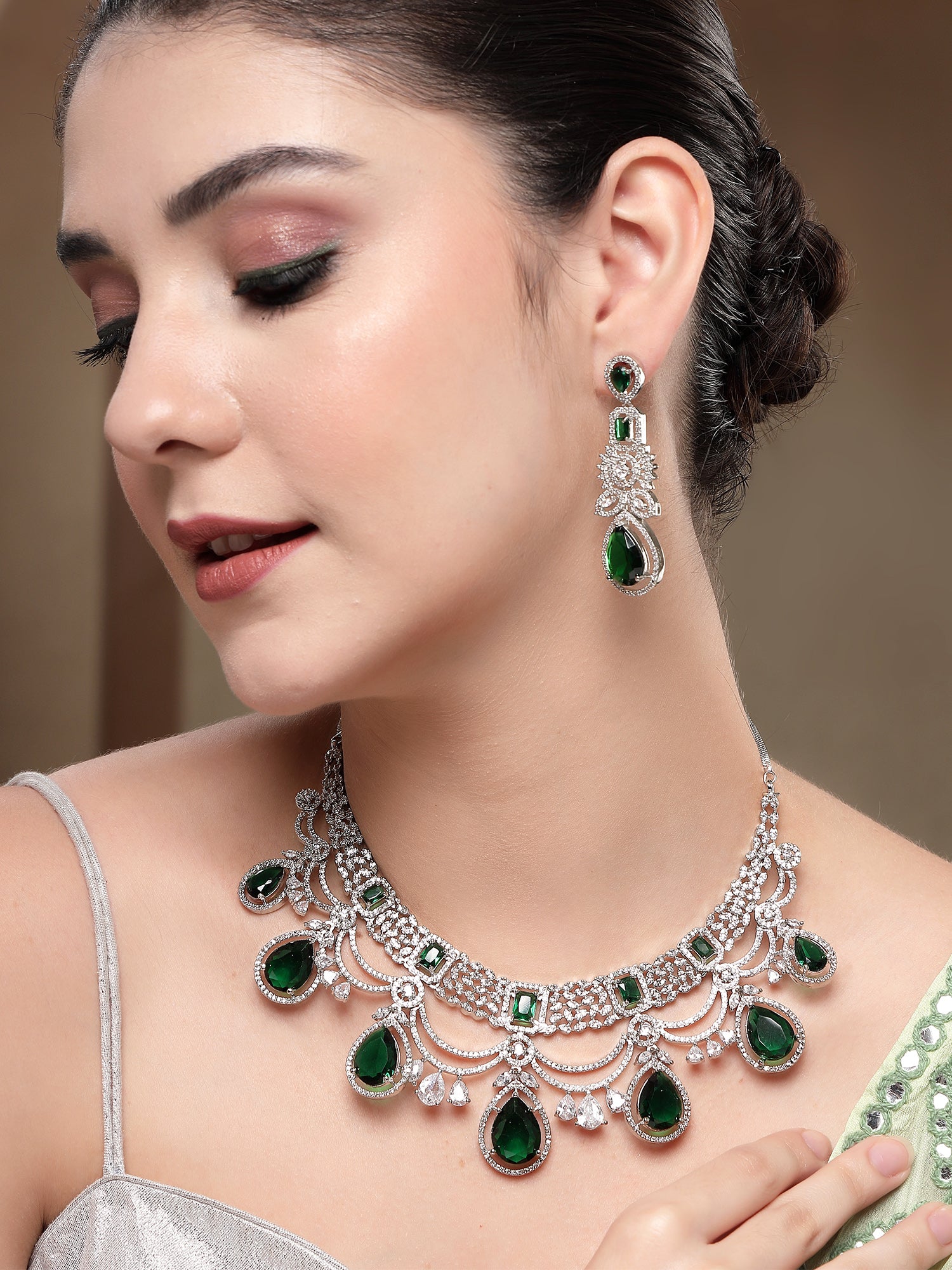 KARATCART Traditional Silver-Plated Green American Diamond Bridal Jewellery Set for Women - view 2