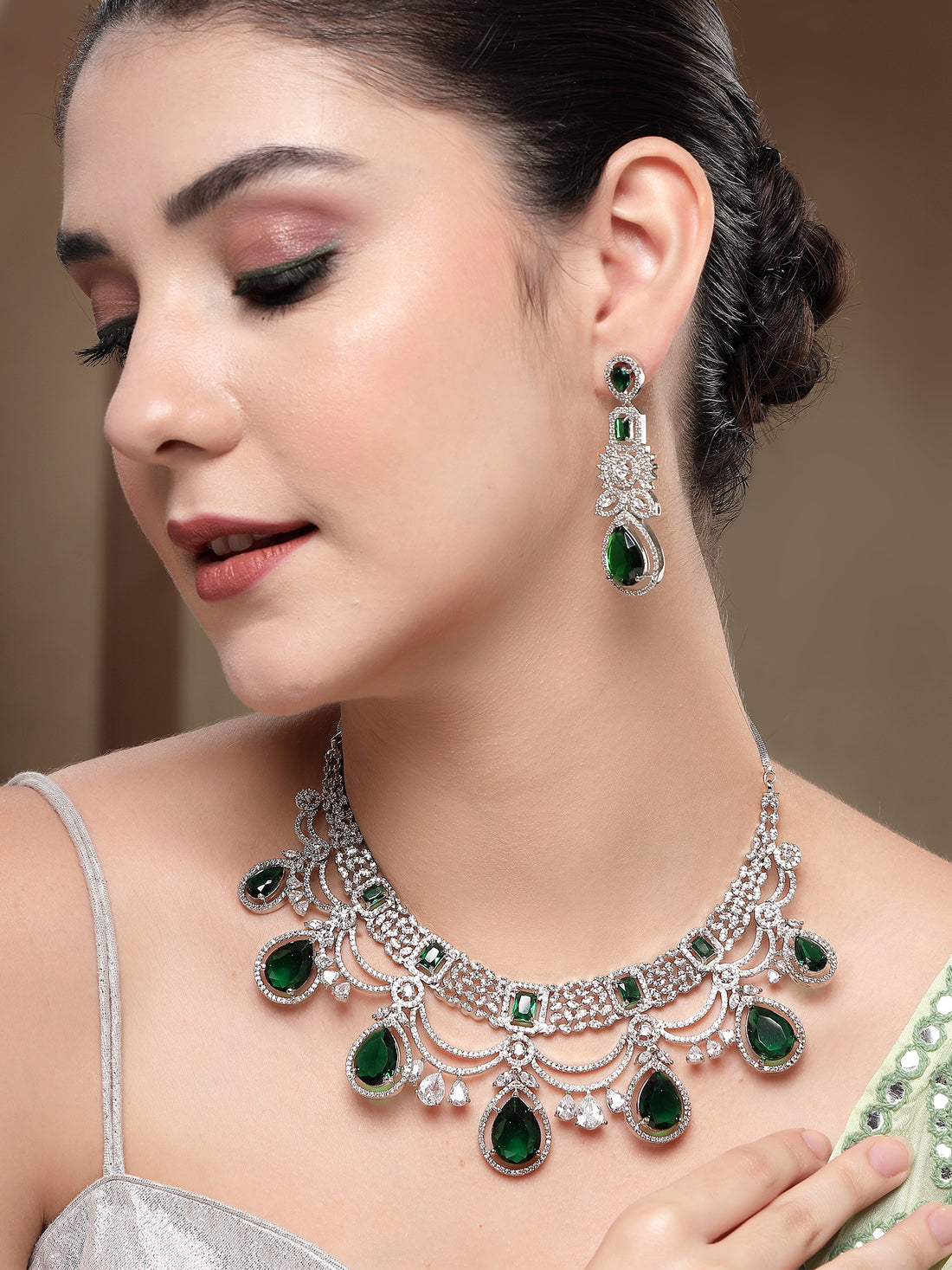 KARATCART Traditional Silver-Plated Green American Diamond Bridal Jewellery Set for Women