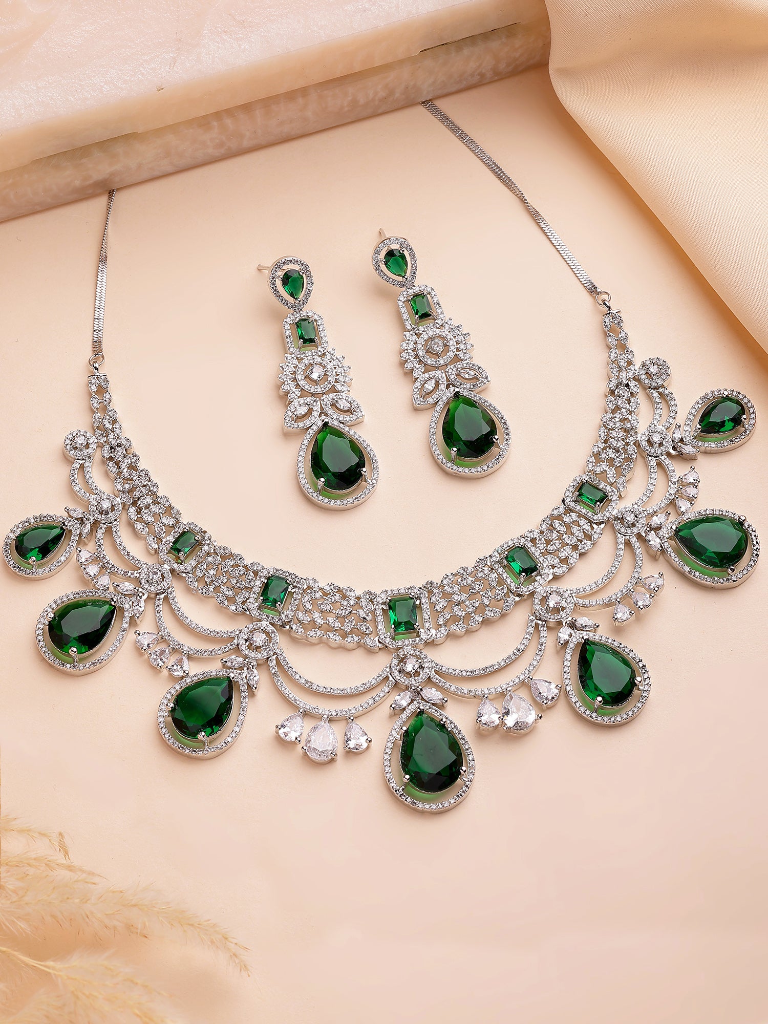 KARATCART Traditional Silver-Plated Green American Diamond Bridal Jewellery Set for Women