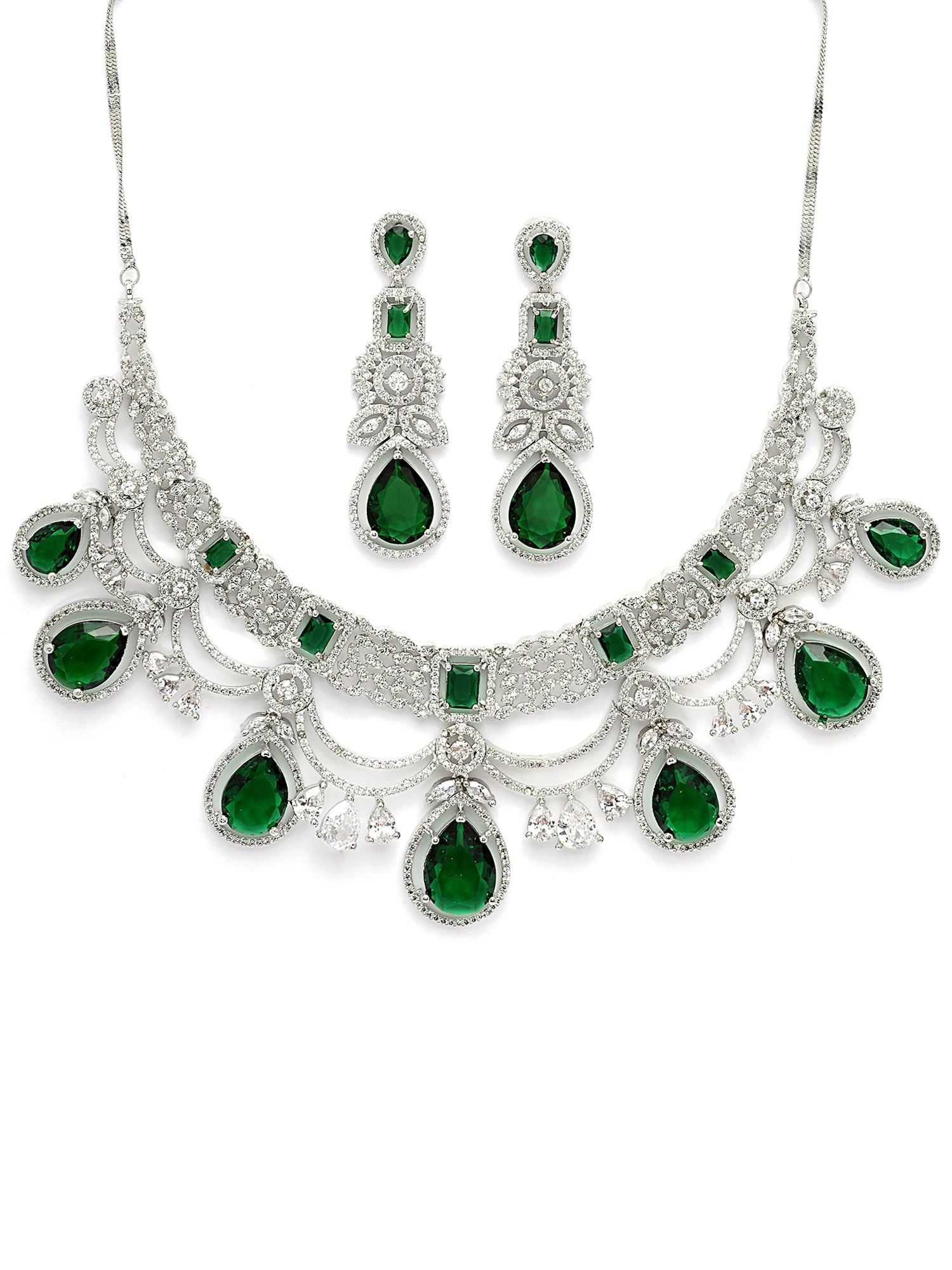 KARATCART Traditional Silver-Plated Green American Diamond Bridal Jewellery Set for Women - view 4