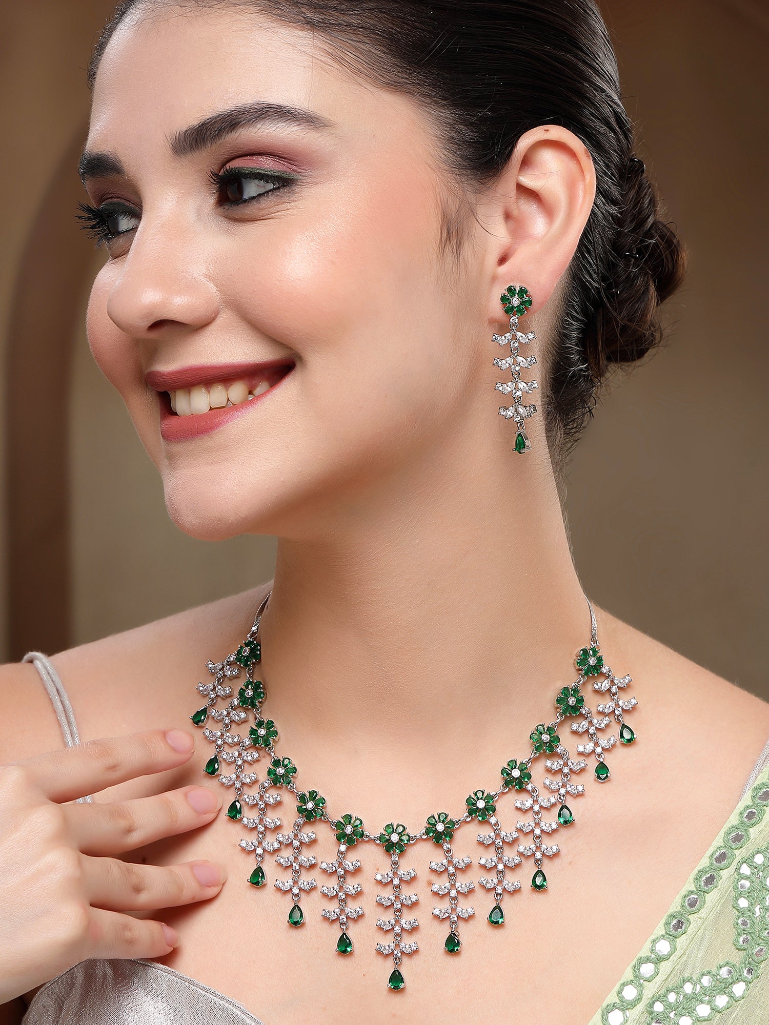 KARATCART Floral Green American Diamond Silver-Plated Jewellery Set for Women - view 3