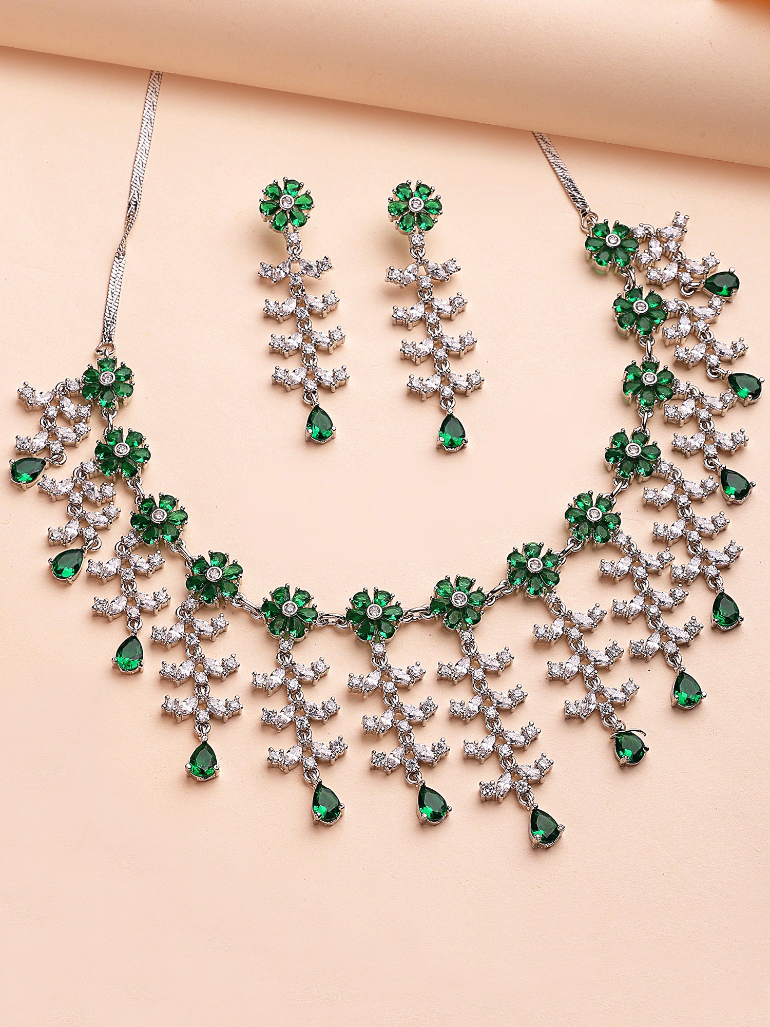KARATCART Floral Green American Diamond Silver-Plated Jewellery Set for Women - Image 1