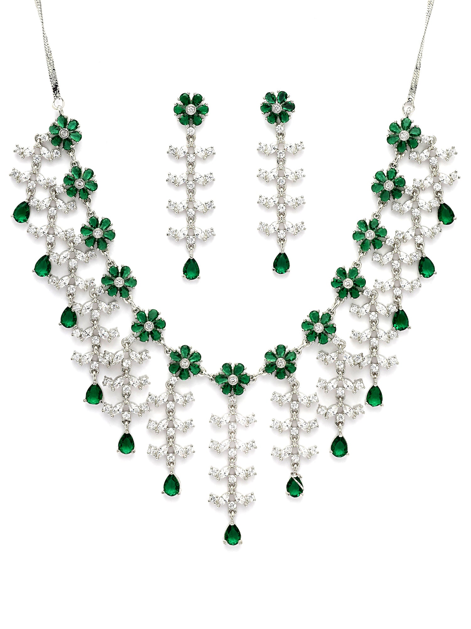 KARATCART Floral Green American Diamond Silver-Plated Jewellery Set for Women - view 4