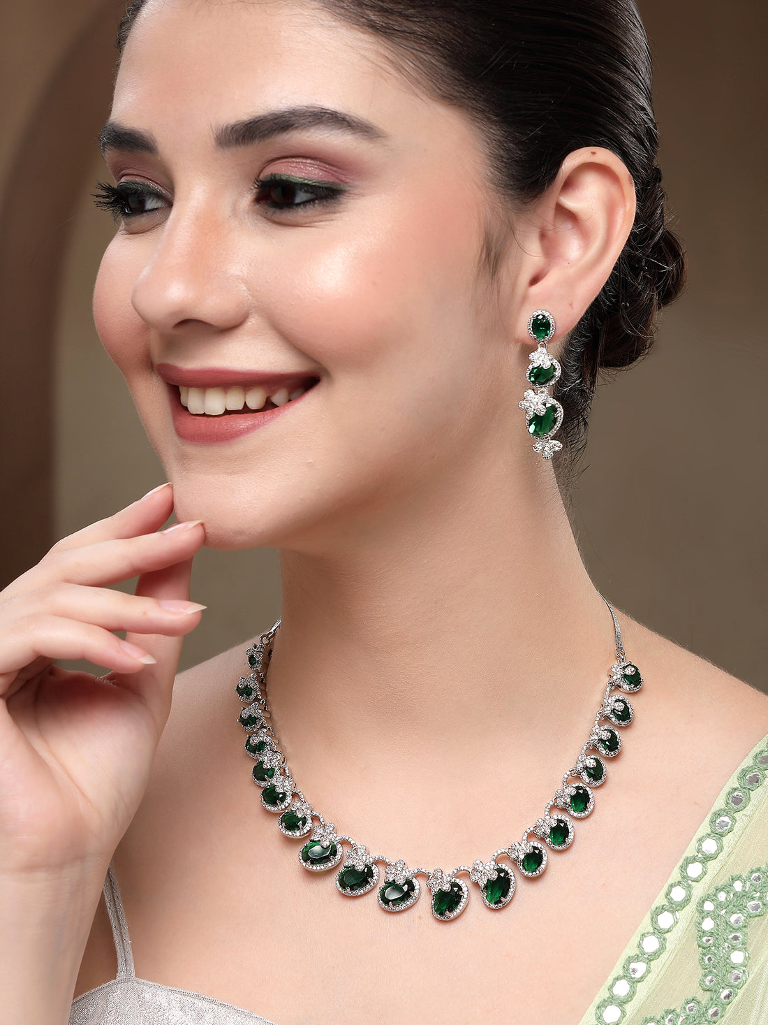 KARATCART Classic Oval Green Floral American Diamond Silver-Plated Jewellery Set for Women