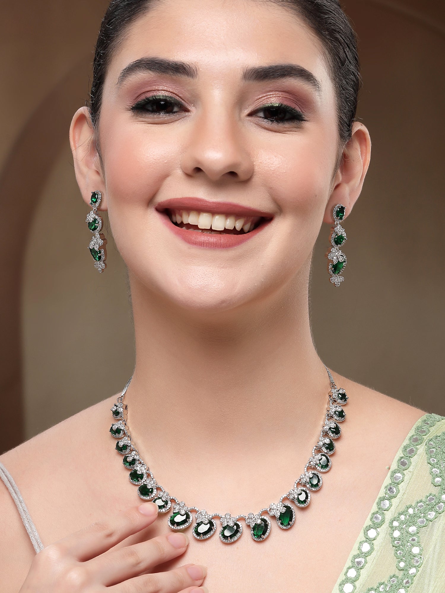 KARATCART Classic Oval Green Floral American Diamond Silver-Plated Jewellery Set for Women - view 3