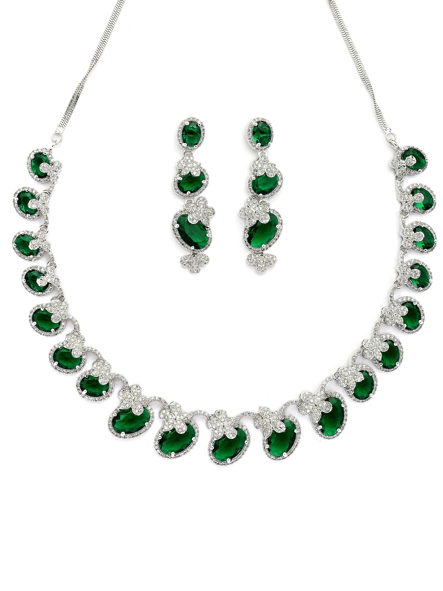 KARATCART Classic Oval Green Floral American Diamond Silver-Plated Jewellery Set for Women - view 4